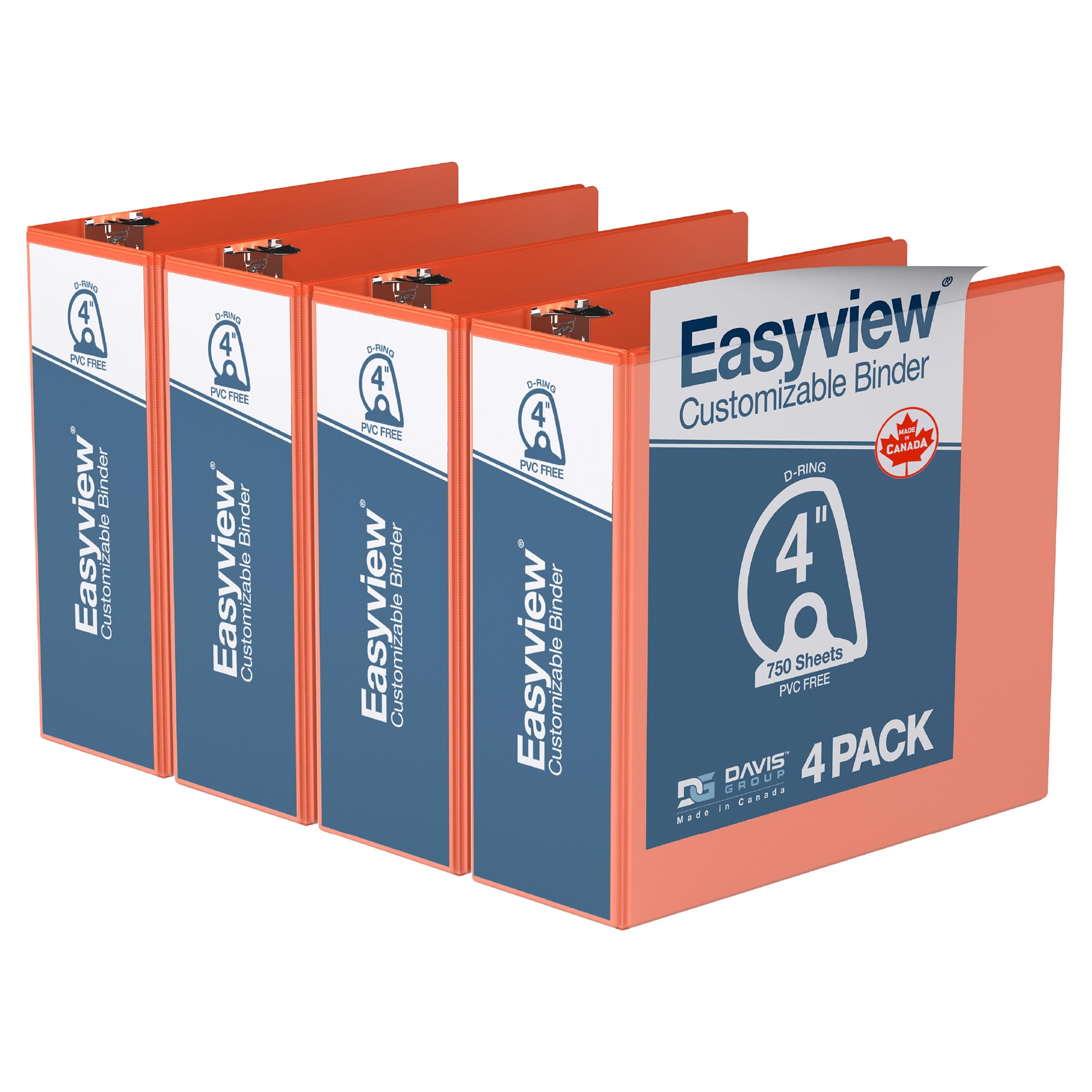 Easyview Premium 3-Ring Binders with Clear-View Covers and D Rings, Binders for School or Office, 4 Inch, Pack of 4, Orange