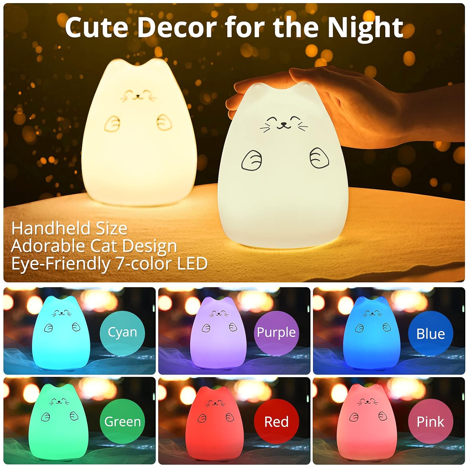 GoLine Cute Night Lights for Kids, Best Christmas Birthday Gifts for 3-12 Year Old Girls Teen, Cat Silicone Baby Night Light for Newborn, Remote and Tap Control