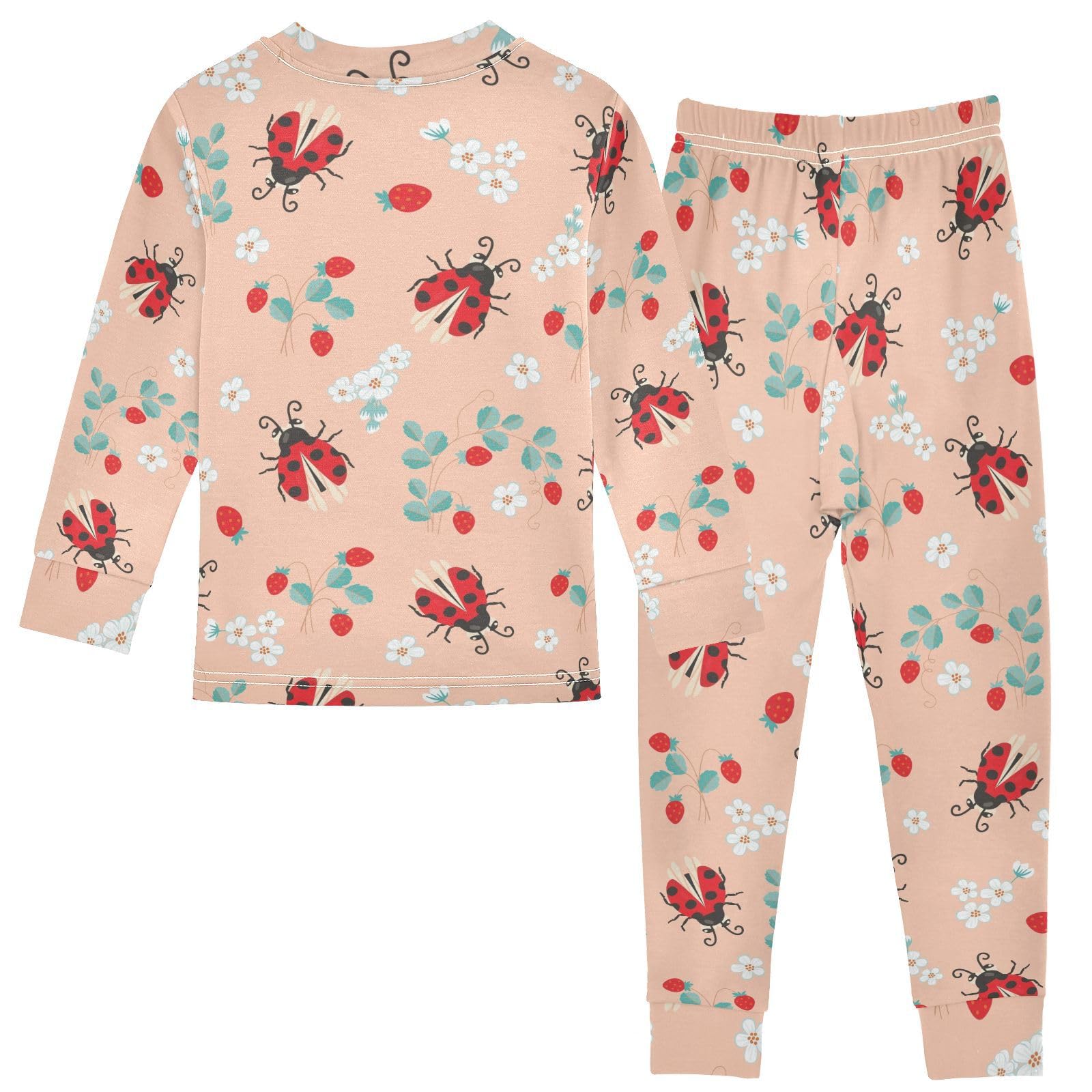 WIFIU Pajama Sets Long Sleeve Top and Pants Cartoon Ladybug Strawberry Fruits Printed, Soft Cotton Sleepwear 2 Piece Pjs Set for Home Casual Size 3T