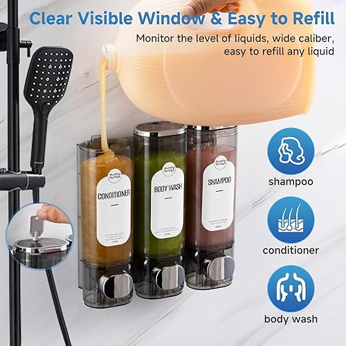 Miniatura 4 de Dispensador de champú y acondicionador, dispensador de jabón de ducha, 3 cámaras, sin taladro, recargable, para montaje en pared, dispensador de