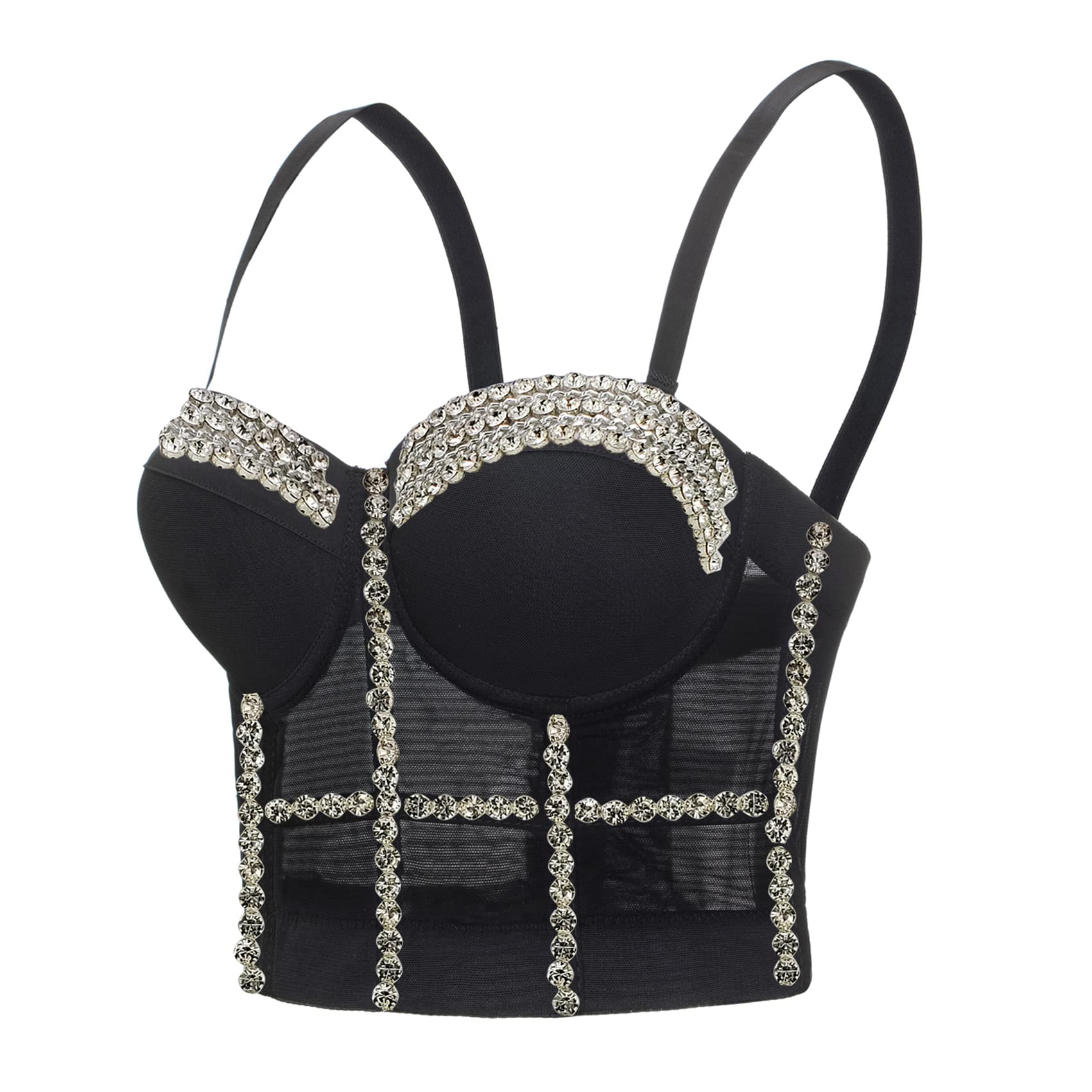 Damen Strass Diamant Push Up Bustier Crop Top Gothic Punk Korsett Clubwear Party BH with Detachable Strap