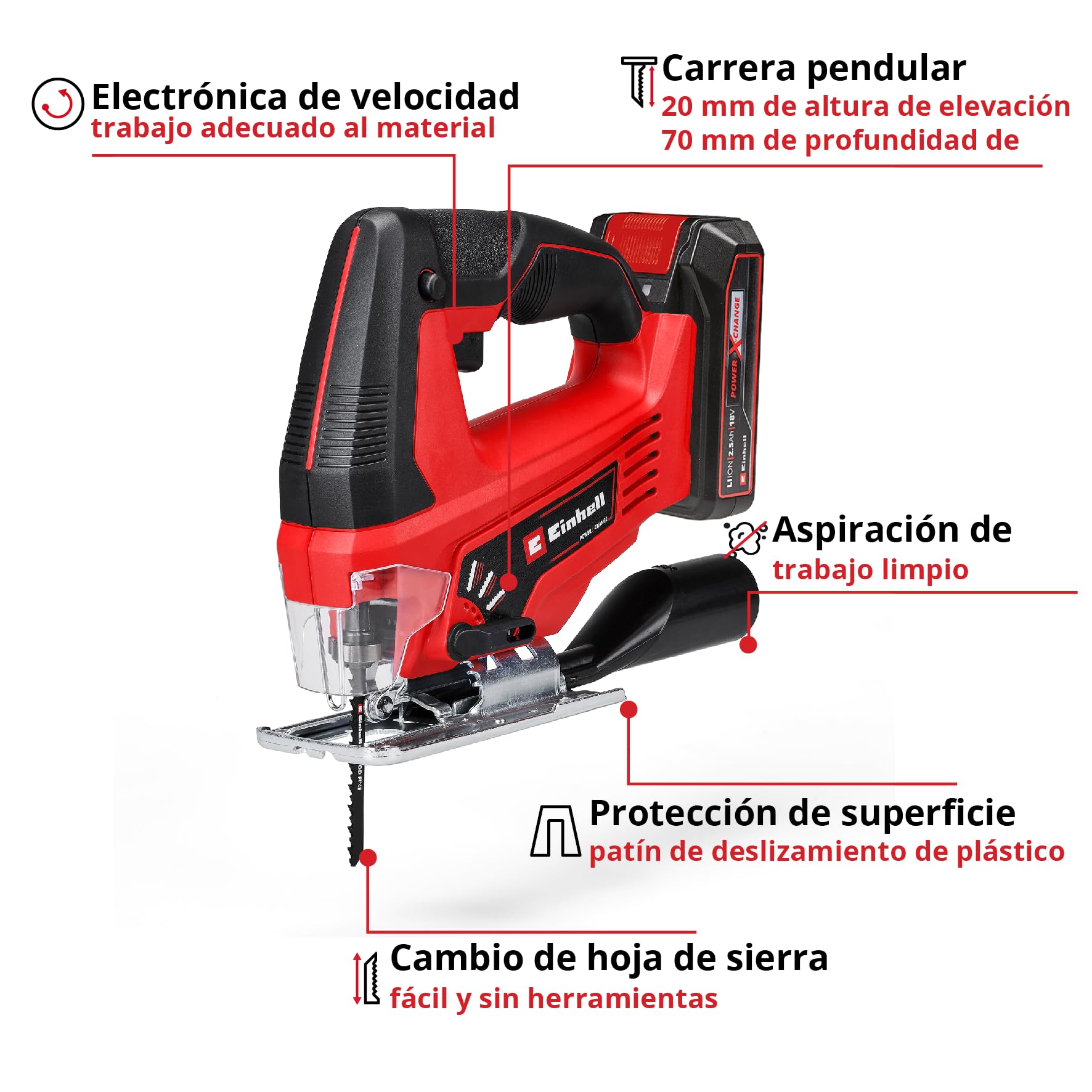 Einhell Sierra de calar con batería TC-JS 18/70 Li Power X-Change (18 V, 70 mm de profundidad de corte, cambio de hoja de hoja sin herramienta, incl. batería de 2,5 Ah y cargador, 1 hoja de sierra) | Sierra eléctrica con función de carrera de péndulo para