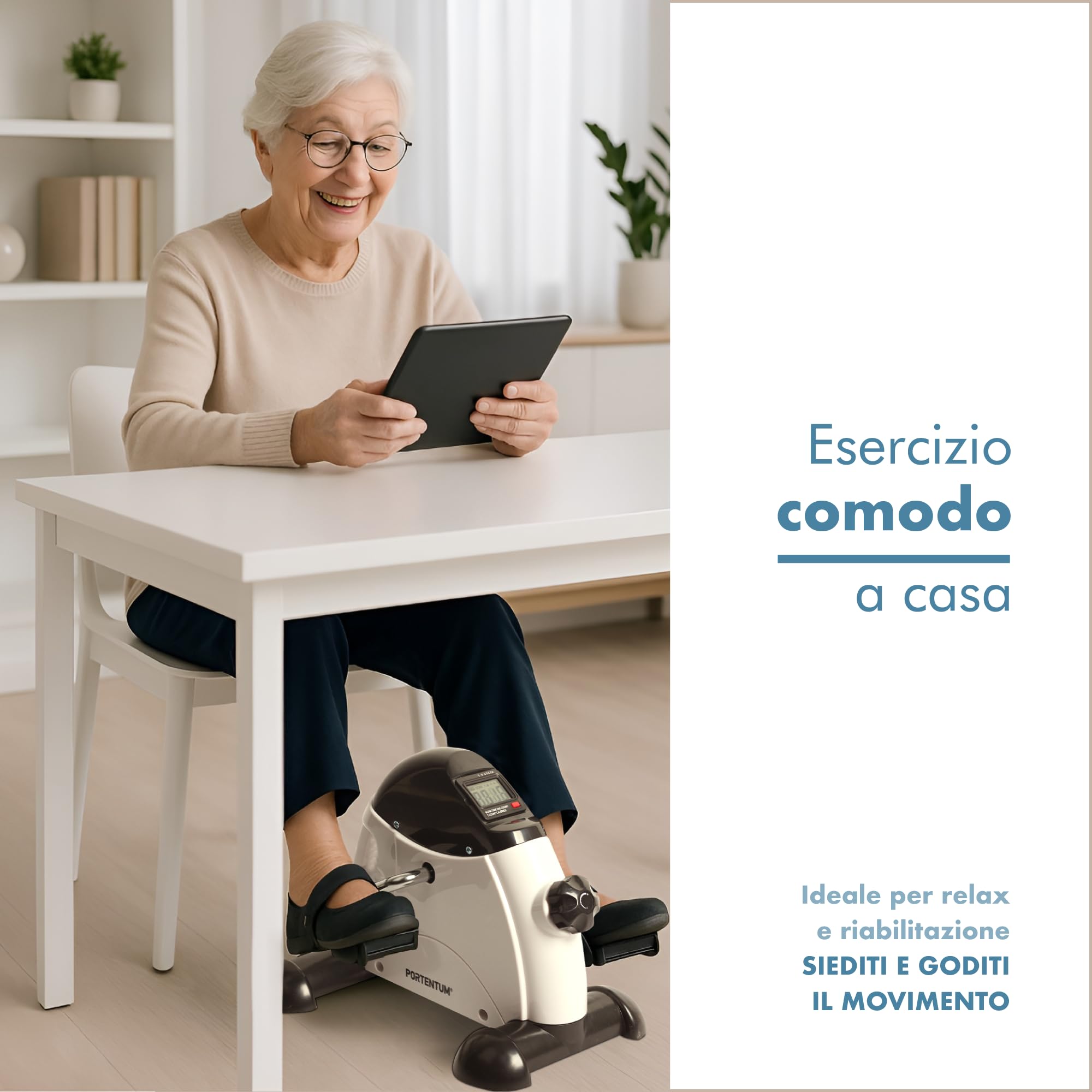 PORTENTUM Pedaliera riabilitazione con schermo LCD 6 funzioni – Mini cyclette da seduta per anziani per braccia e gambe, con resistenza regolabile e maniglia per trasporto