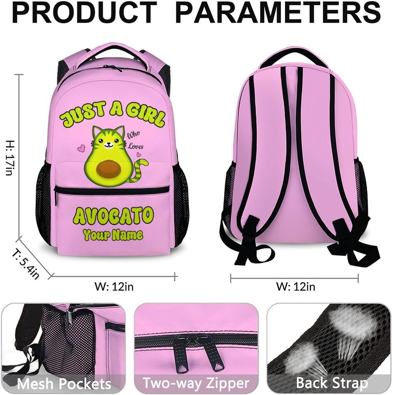 School Backpack for Girls - Custom Avocado Girls Backpacks with Name for Kids Student 17" Bookbag for School Travel