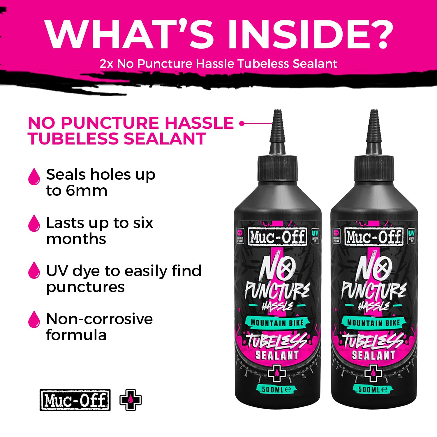 Muc-Off Tubeless Sealant 500ml (Pack of 2) | Super Lightweight Bike Tire Sealant | Seals Holes Up to 6mm | UV Dye + CO2 Compatible | for Downhill/Enduro/Road/Gravel/MTB