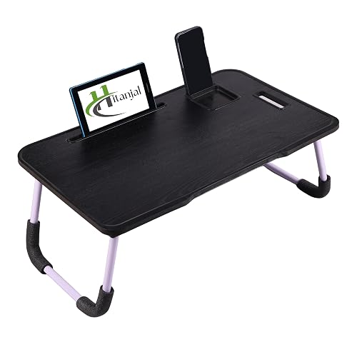 Hitanjal Foldable Wooden Mini Laptop Table for Bed, Study Table with Drawer, Mobile Holder (New Black)