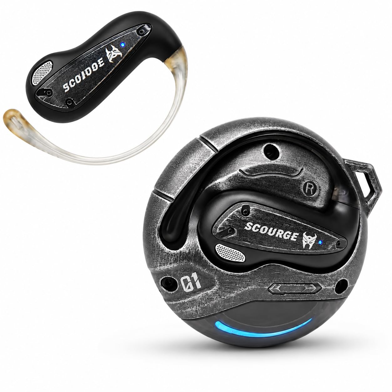 Transformers Flux T86 Auricolari wireless Bluetooth con gancio auricolare, custodia di ricarica per armatura in lega di zinco resistente, driver Hi-Fi da 14,2 mm, microfono integrato, modalità gioco e