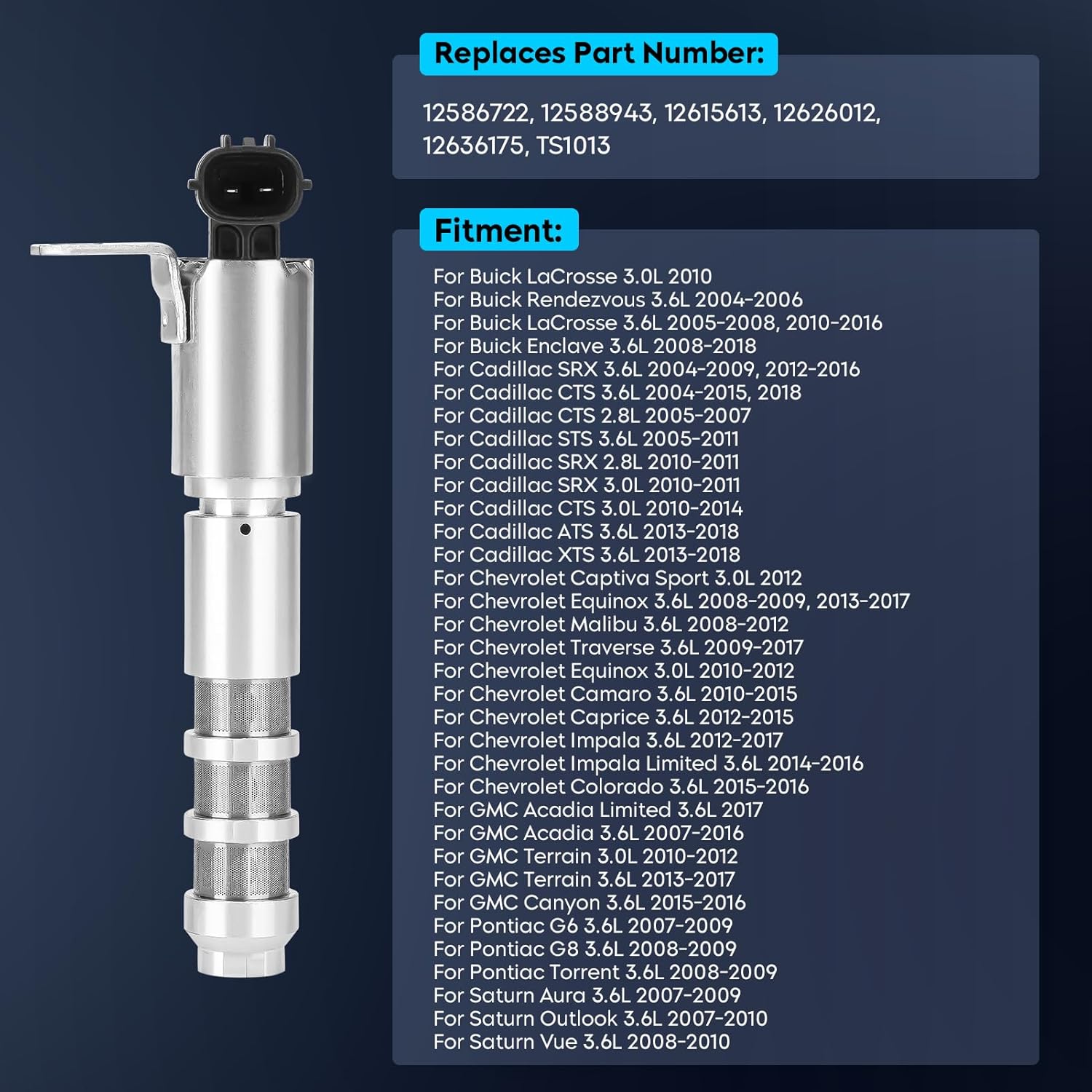 Oil Control Variable Valve Timing (VVT) Solenoid for Buick Enclave LaCrosse Allure Rendezvous, Chevrolet Camaro Caprice Equinox Malibu Traverse,Cadillac ATS CTS SRX STS XTS, Replace for 12636175