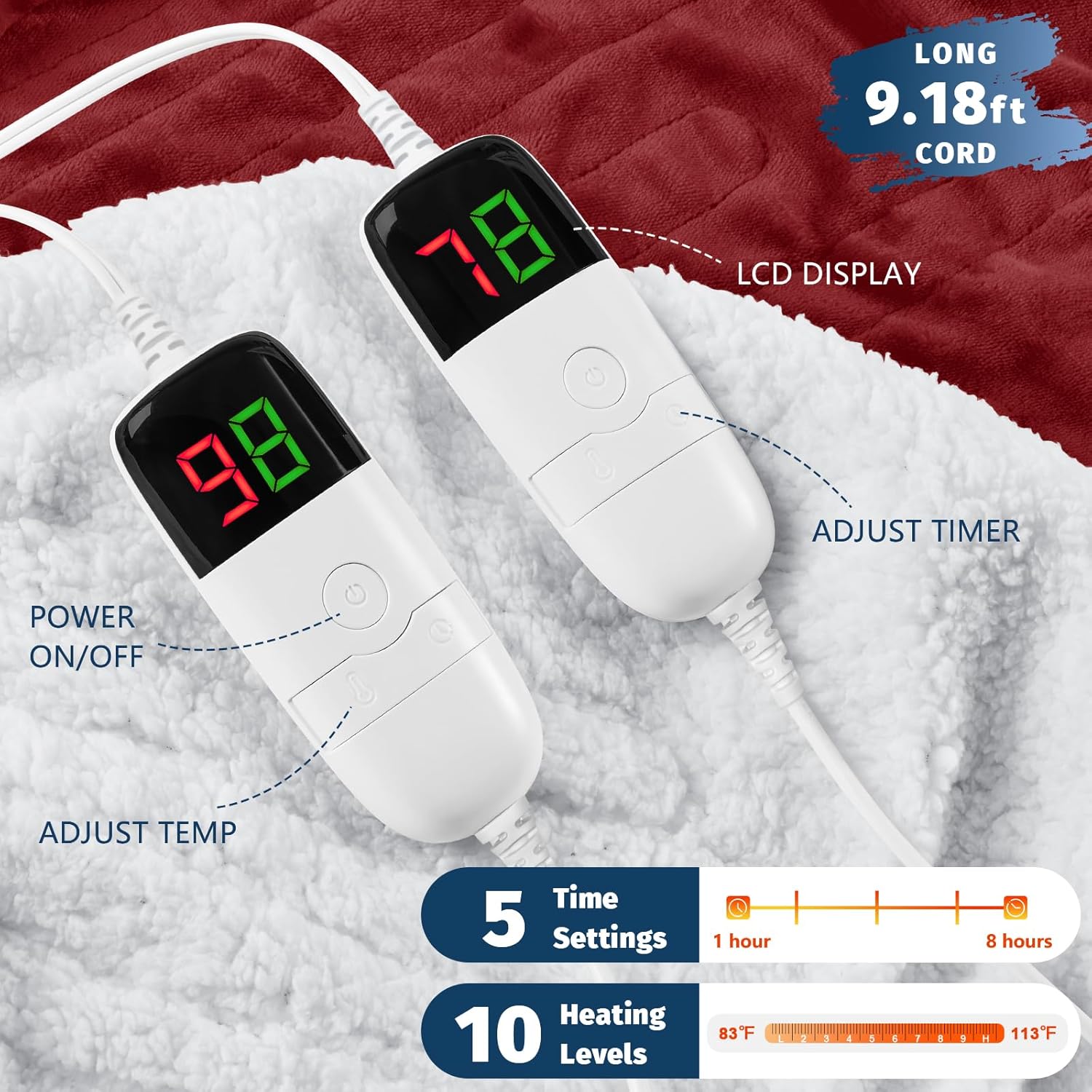 Heated Electric Blanket Queen Size - 84" x 90" Heating Blanket with Dual Control, 10 Heating Levels & 8 Hours Auto Off, Soft Warm Flannel Blanket, Christmas Birthday Gifts for Senior Grandma - Image 3