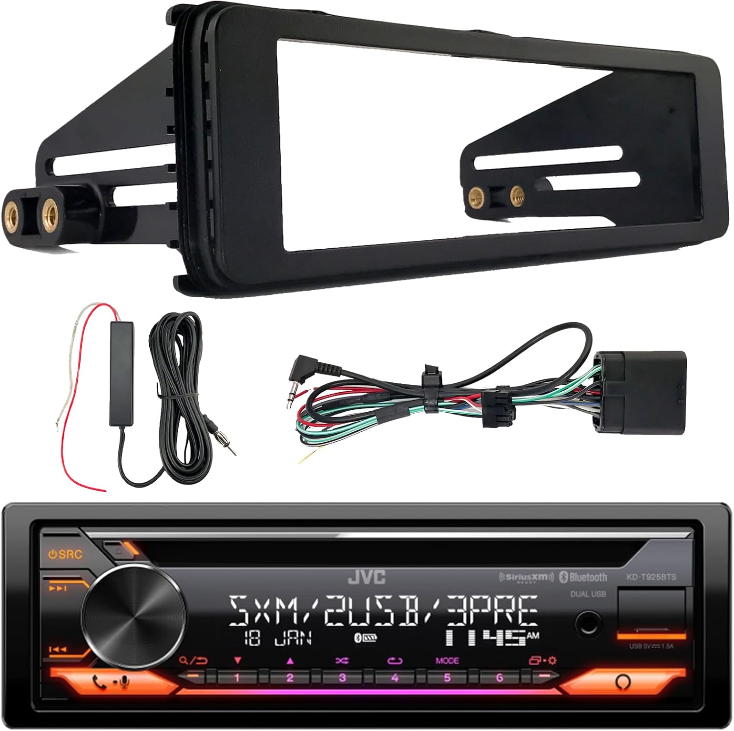 JVC KD-T925BTS Single DIN Bluetooth USB/AUX LED/CD AM/FM SiriusXM Ready Stereo Amazon Alexa Receiver W/Stereo Installation Kit, 12V Radio Antenna Black Signal Reception Amplifier Booster Kit