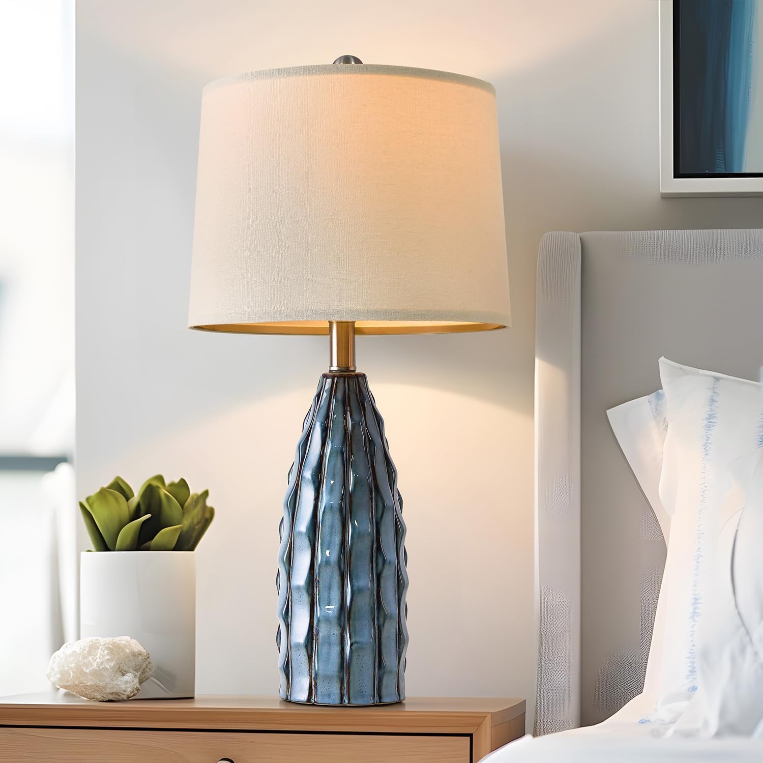 Ceramic Table Lamps Set of 2, 23.75" Modern Farmhouse Bedside Lamp - Blue Nightstand Lamps for Bedroom, Boho Living Room End Tables, Small Office Desk Lamp Decor