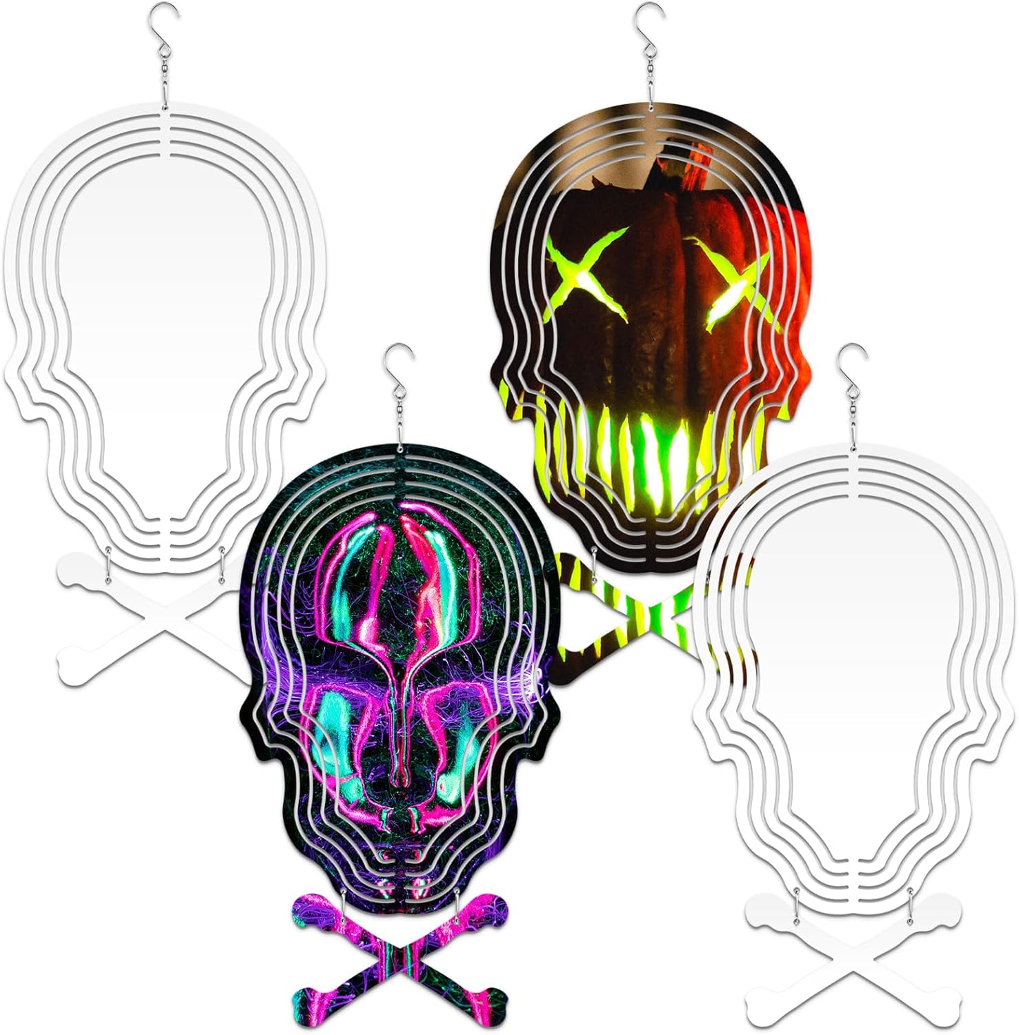 4Pack 8 inch Sublimation Wind Spinner Blanks 3D Aluminum Metal Wind Sculpture Kinetic Spinners for Yard and Garden Indoor Art Ornaments Hanging Decoration Halloween Party (Skull)