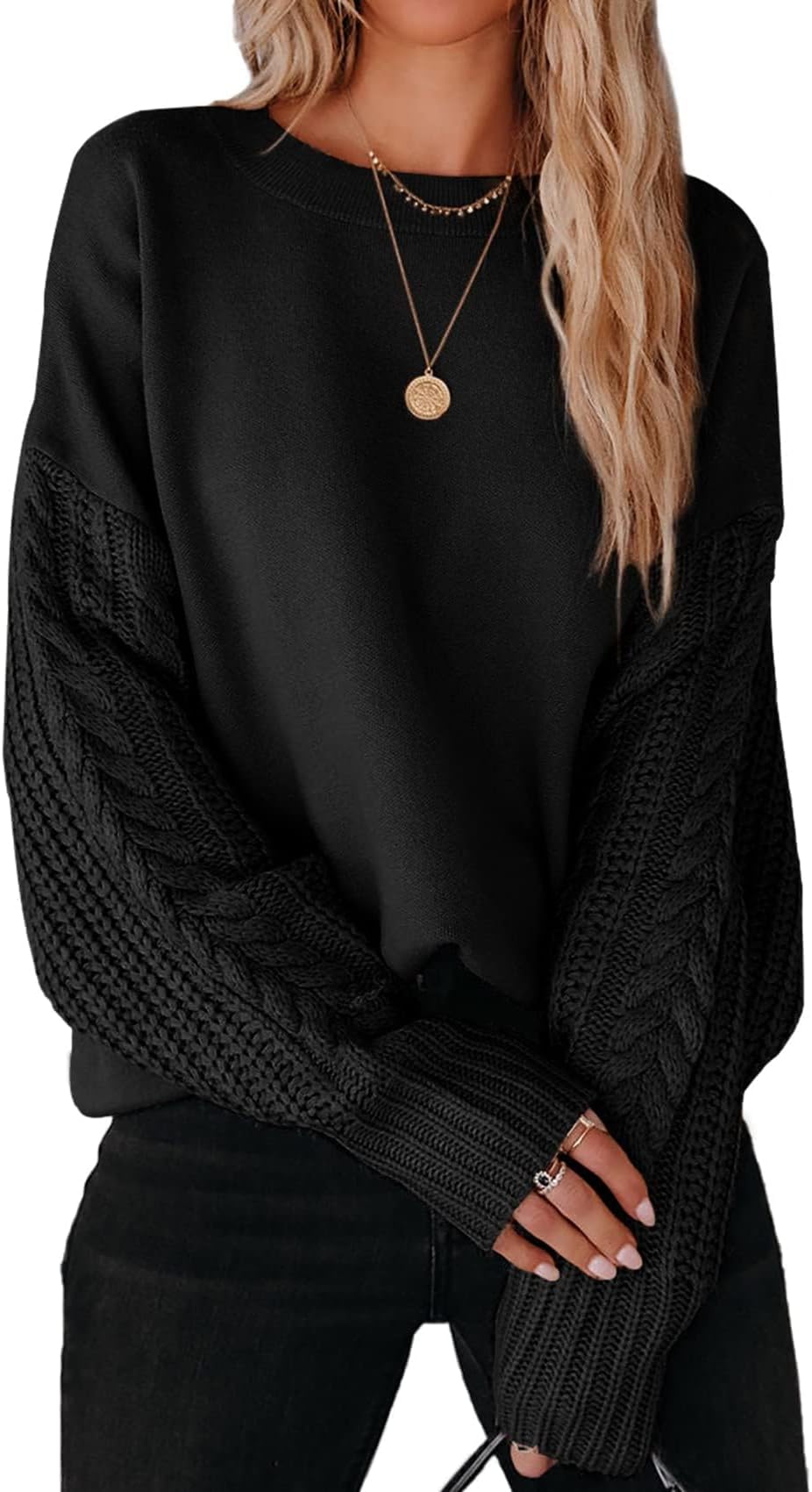 Women's 2026 Spring Long Sleeve Crew Neck Solid Color Cable Knit Chunky Casual Oversized Pullover Sweater Tops