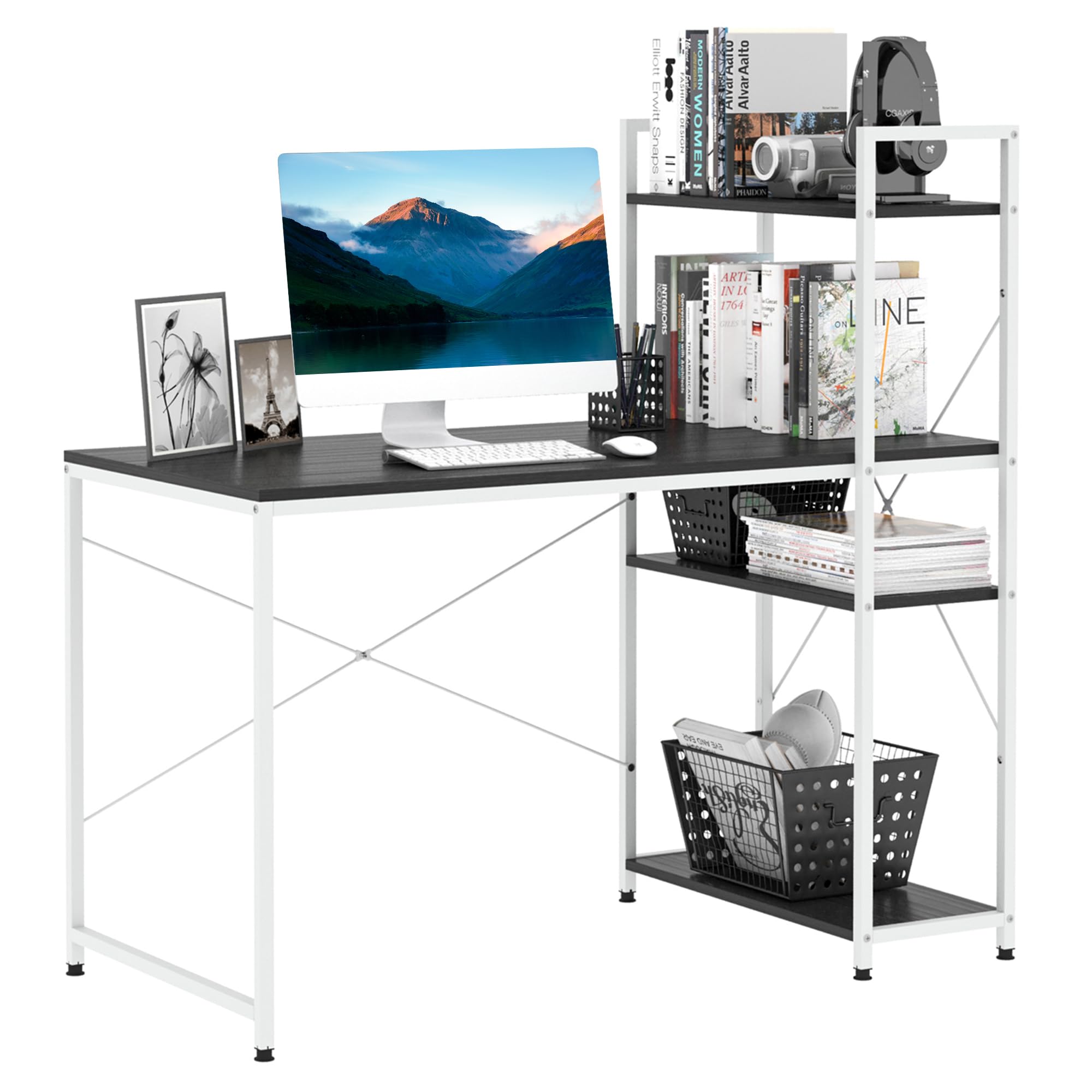 HOMCOM Computer Desk with 4-tier Bookshelf - Black