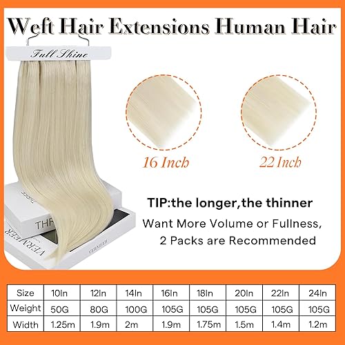 Miniatura 2 de Full Shine Manojos de tramas de cabello humano real Remy brasileño lacio, para extensiones cosidas, de doble trama, 3.70 oz (105 g), 22 pulgadas