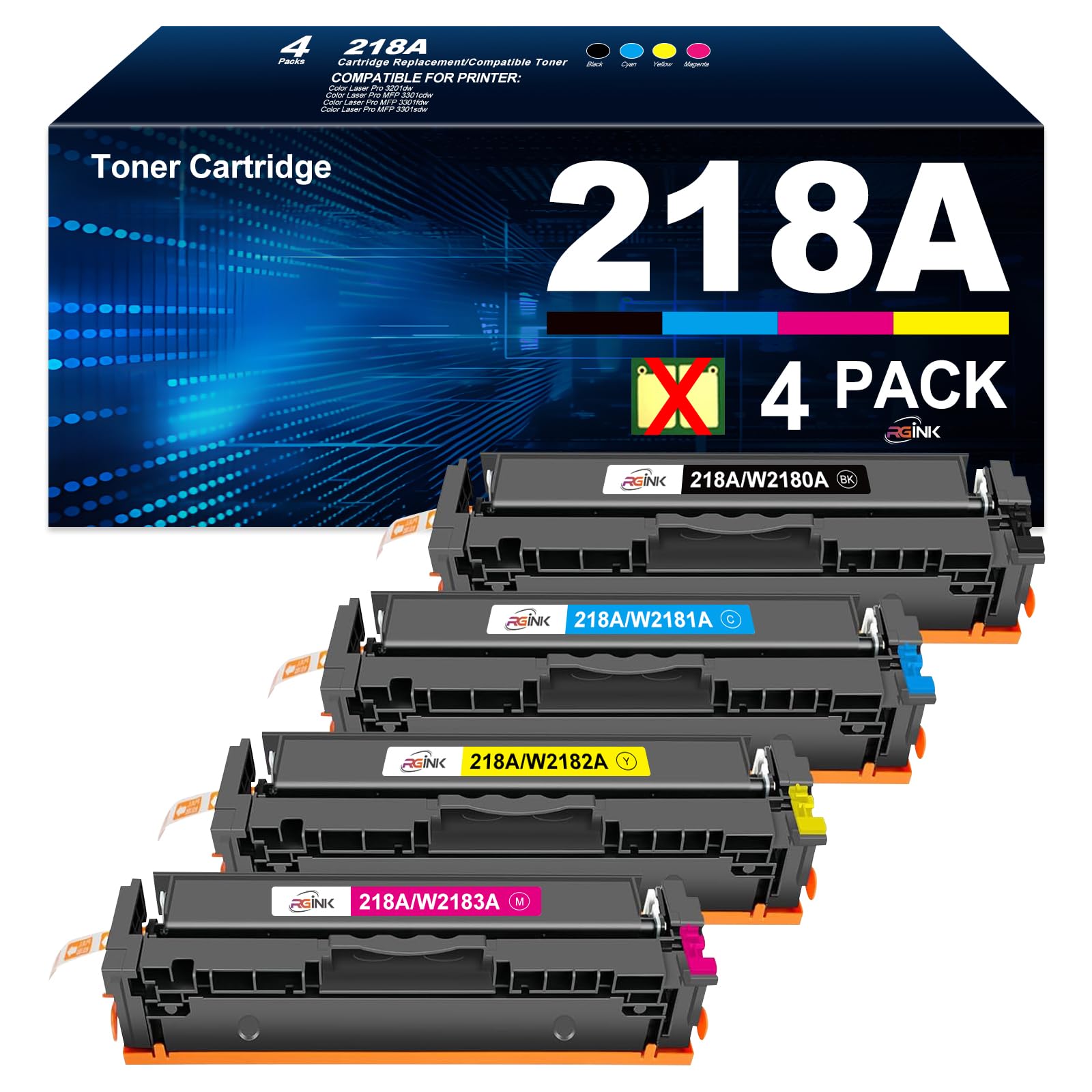 218A 218X Toner Replacement for HP 218A Toner Cartridges 4 Pack - W2180A 218X W2180X for 3301FDW Toner High Yield to use with HP Color Laserjet Pro MFP 3301FDW 3301CDW 3301SDW| 3201DW, NO CHIP(4 Pack)