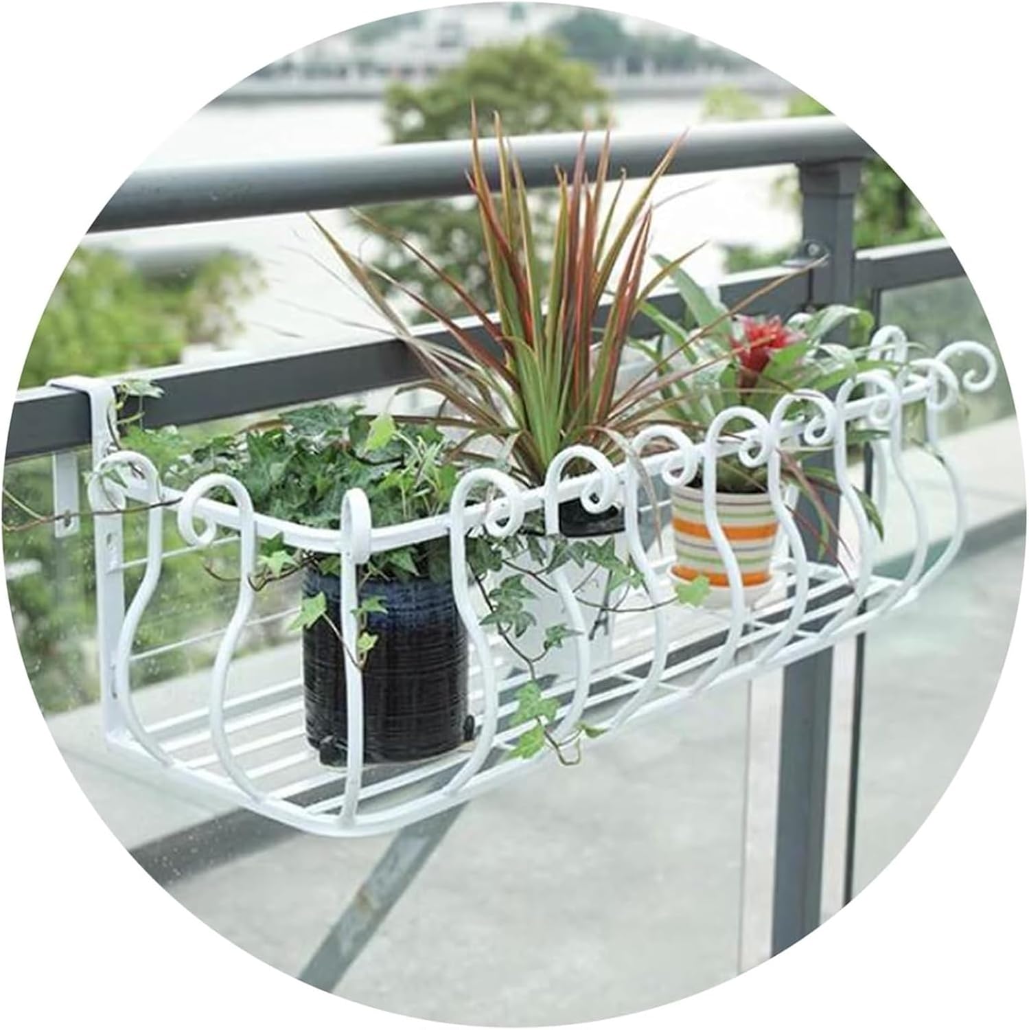 White Railing Planter Box - Balcony Fence Planters for Flowers, Square & Round Guardrail Hanging Stand, Window Sill Plant Shelf, Potted Plant Storage Rack (100x28x22cm)