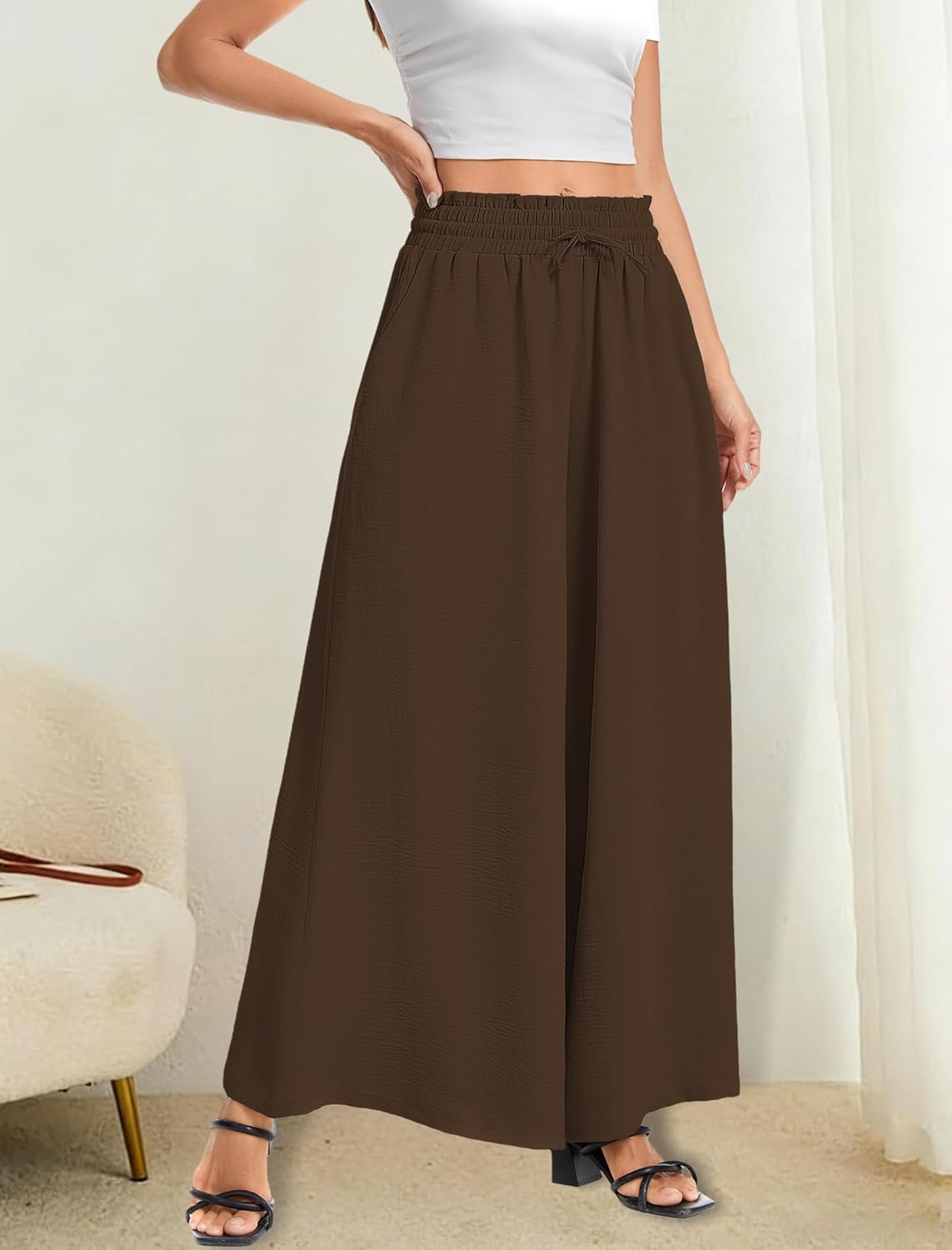 Women’s Wide Leg Pants Drawstring Elastic Waist Casual Trousers Lightweight Loose Lounge Pants with Pockets - Image 4