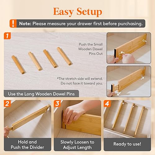 Miniatura 6 de Lifewit Paquete de 8 separadores de cajones de bambú de 4 pulgadas de alto, organizadores de cajones ajustables de 17 a 21.5 pulgadas para ropa,
