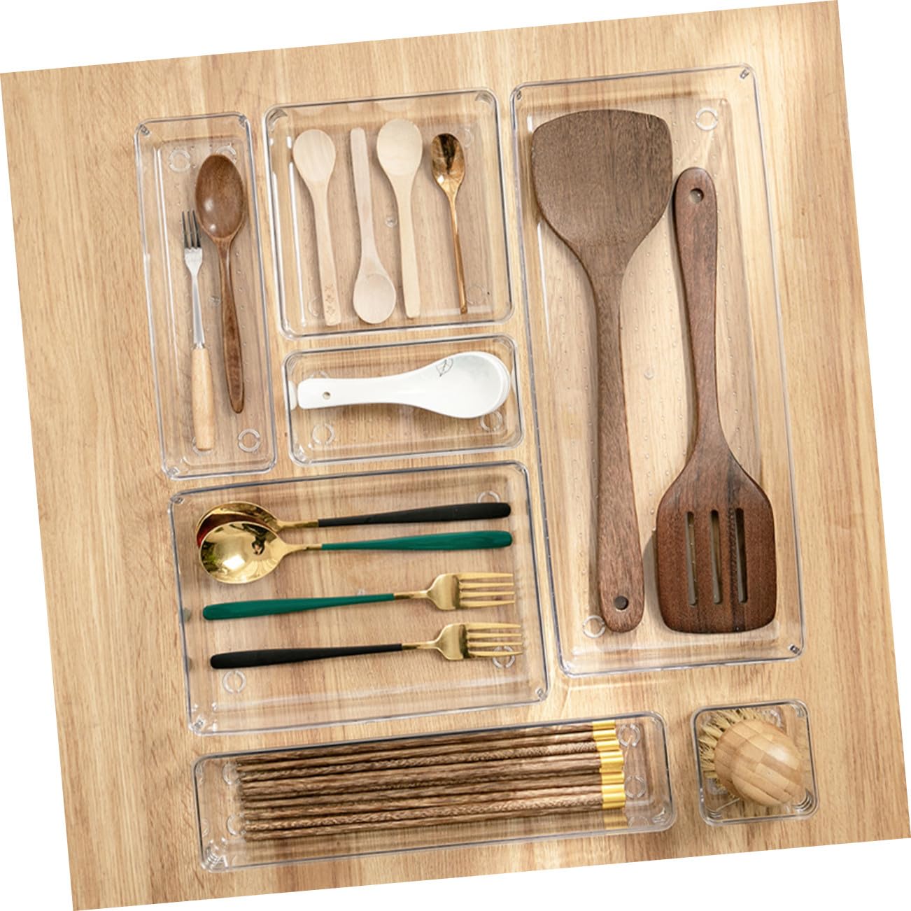 Veemoon Data [ Set Da 7 Contenitori Trasparenti Per Cassetti, Organizer Per Cassetti Da Trucco e Scrivania, Divisori a Griglia in Plastica Resistente Per Bagno, Cucina e Ufficio