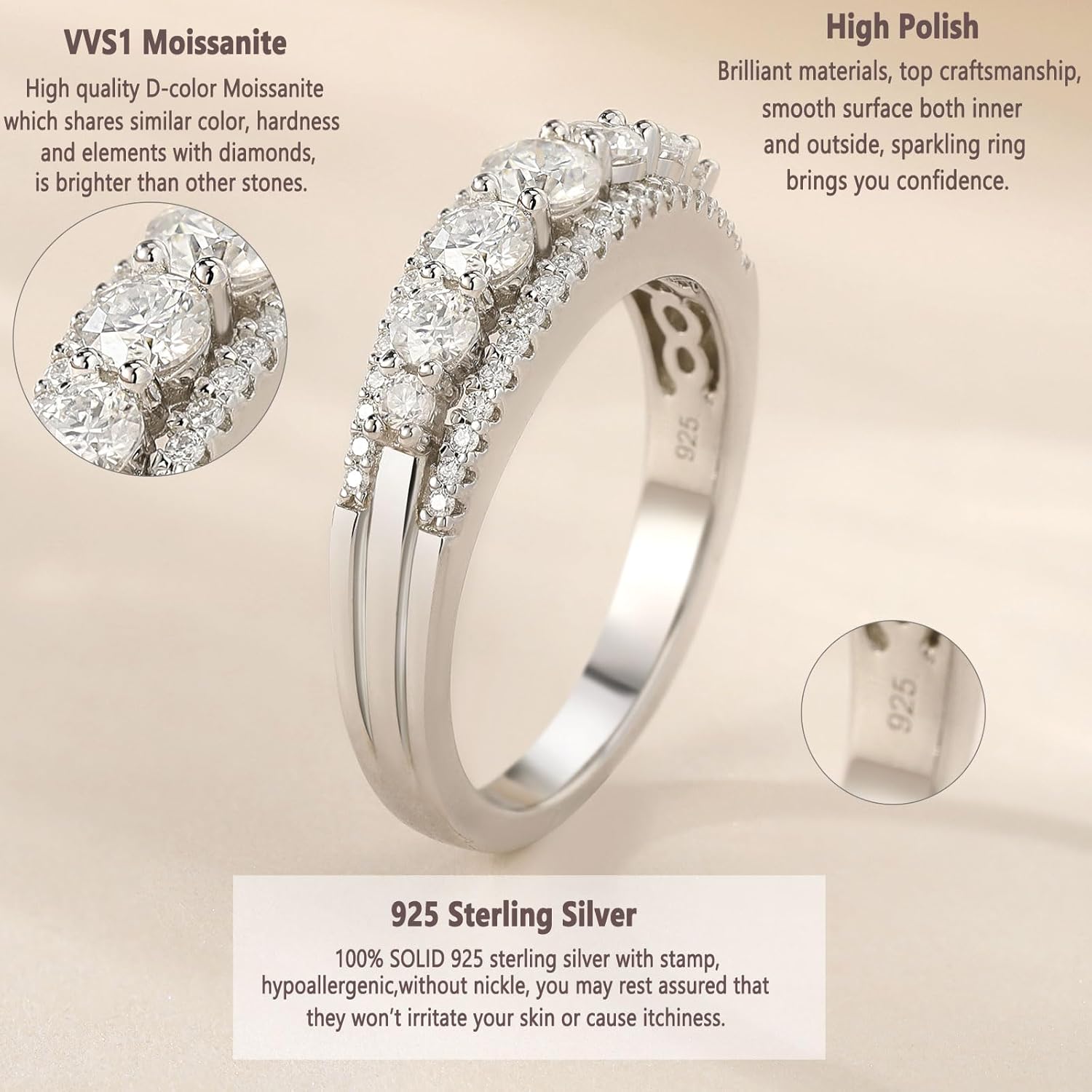 Newshe Jewellery Moissanite Wedding Bands for Women Eternity Ring 925 Sterling Silver Engagement Anniversary Stacking Size 5-10 White 10 image 4 of 7 B0D8J5JQCD