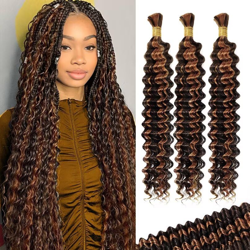 12A P4/30 Dark and Light Brown Human Braiding Hair for Boho Braids 3 Bundles 18 Inch 100g Deep Wave Braiding Hair for Bohemian Knotless Braids 100% Unprocessed Virgin Bulk Hair Extensions No Weft