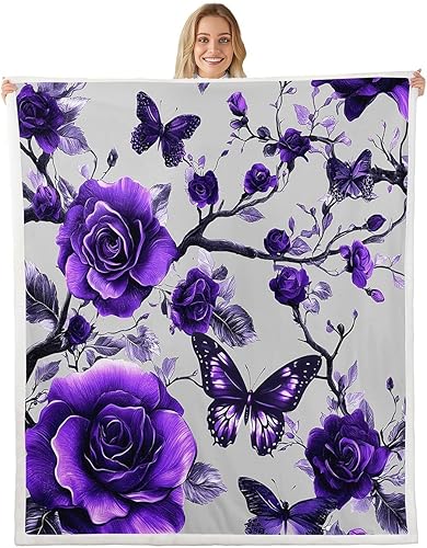 Miniatura 12 de Manta de vellón de franela de mariposa morada, diseño floral de ramas botánicas, súper suave para cama, sofá, sofá, flores rosas, animales Púrpura
