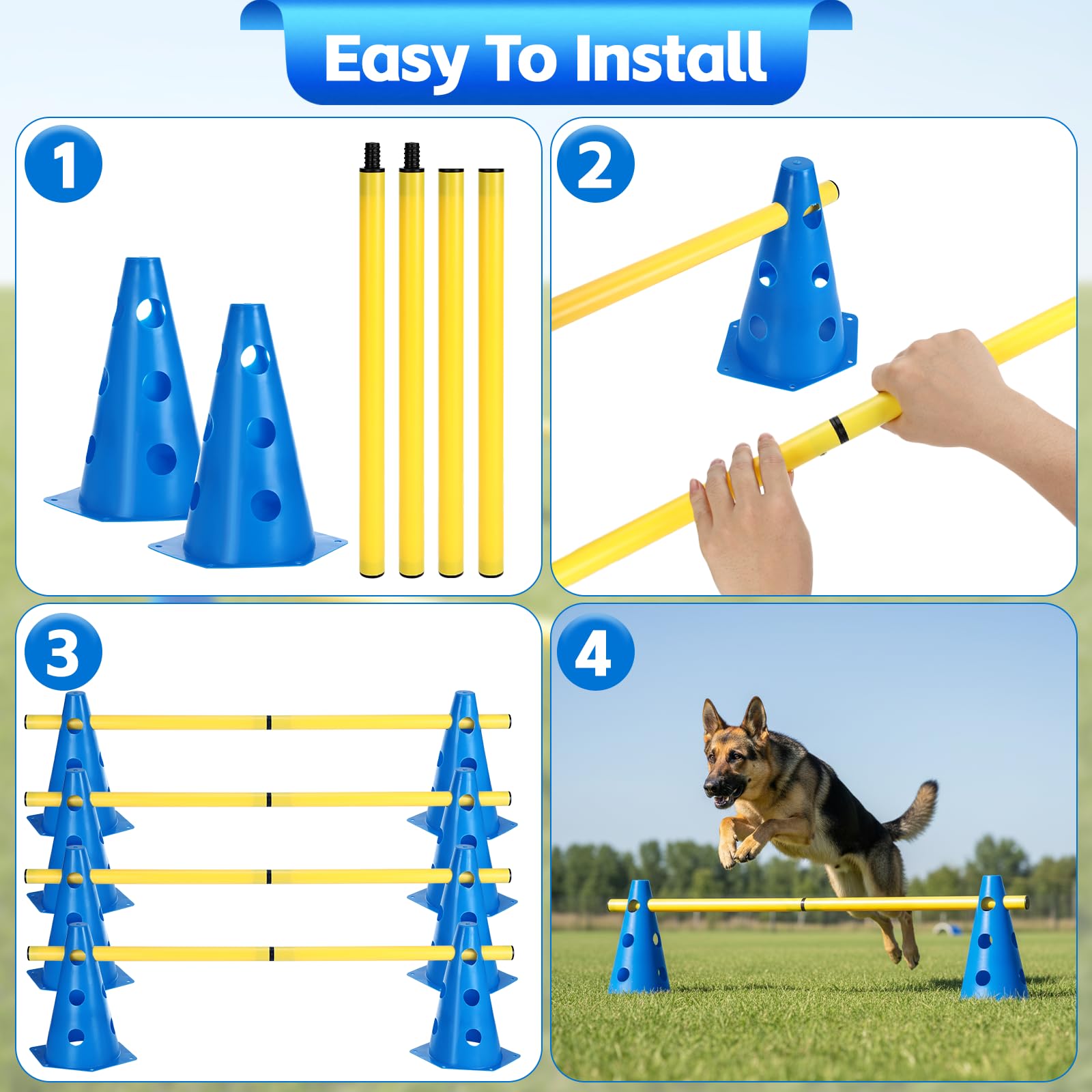 Agility Set Hunde Hürden Steckhürdenset,8 Kegel (24cm)+4 Stangen (81cm) ,Einstellbare Trainingshürden,Sports Steckhürden Set für Koordinationstraining,Hindernisparcours,Hundesport&Teamsport Fußball