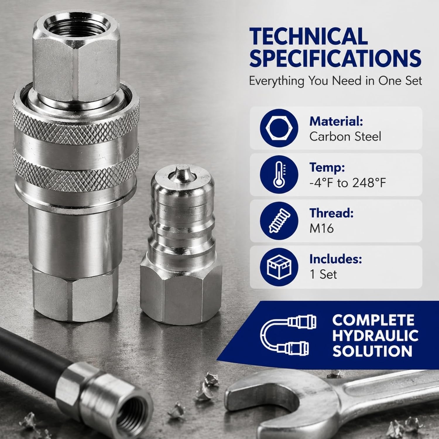 Hydraulic Quick Connect Coupler M16x1.5mm Female Thread Pipe Fitting Adapter Carbon Steel Quick Connect and Disconnect Couplings, 1 Set