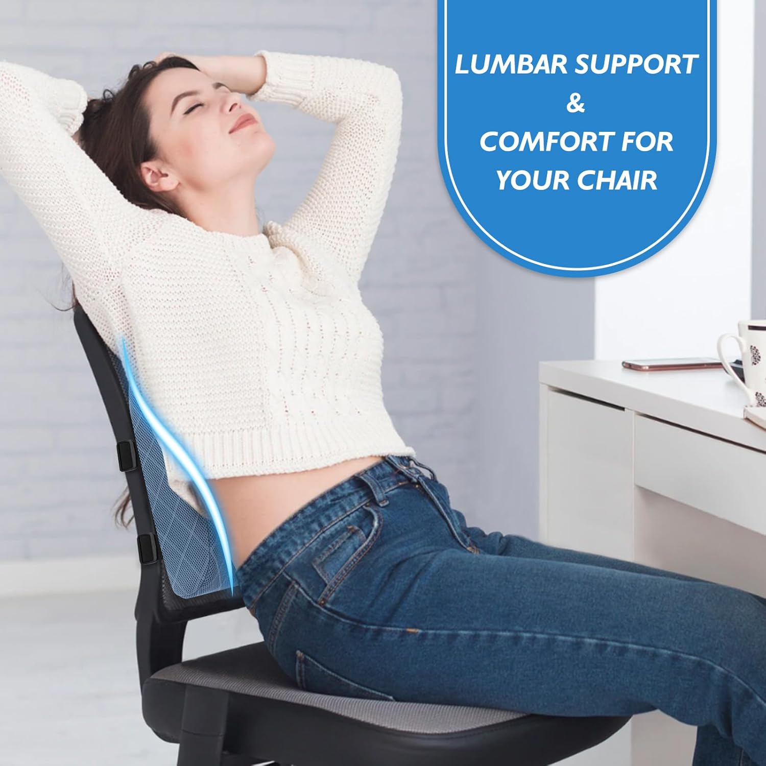 Lumbar Support Pillow for Office Chair Back Support Lumbar Pillow for Car, Gaming, Office Chair - Improve Sitting Posture & Back Pain Relief, Memory Foam, Adjustable Straps, Light Blue