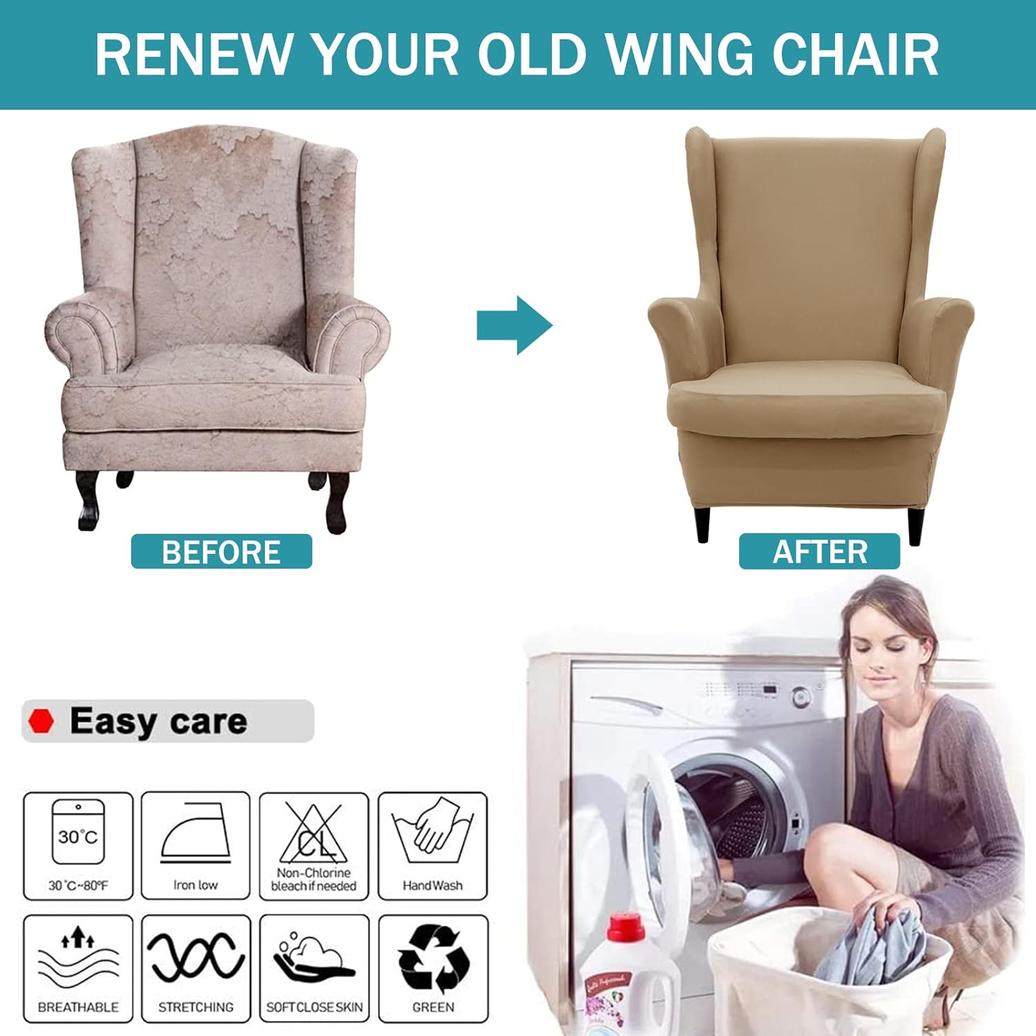 NILUOH Wingback Chair Cover 2-Piece Soft Stretch Wing Chair Slipcover Solid Color Armchair Sofa Couch Cover Furniture Protector with Elastic Bottom for Living Room Bedroom (Khaki)