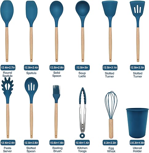 Miniatura 2 de Juego de utensilios de cocina de 12 piezas antiadherentes de silicona con mango de madera, juego de utensilios de cocina de silicona con soporte,
