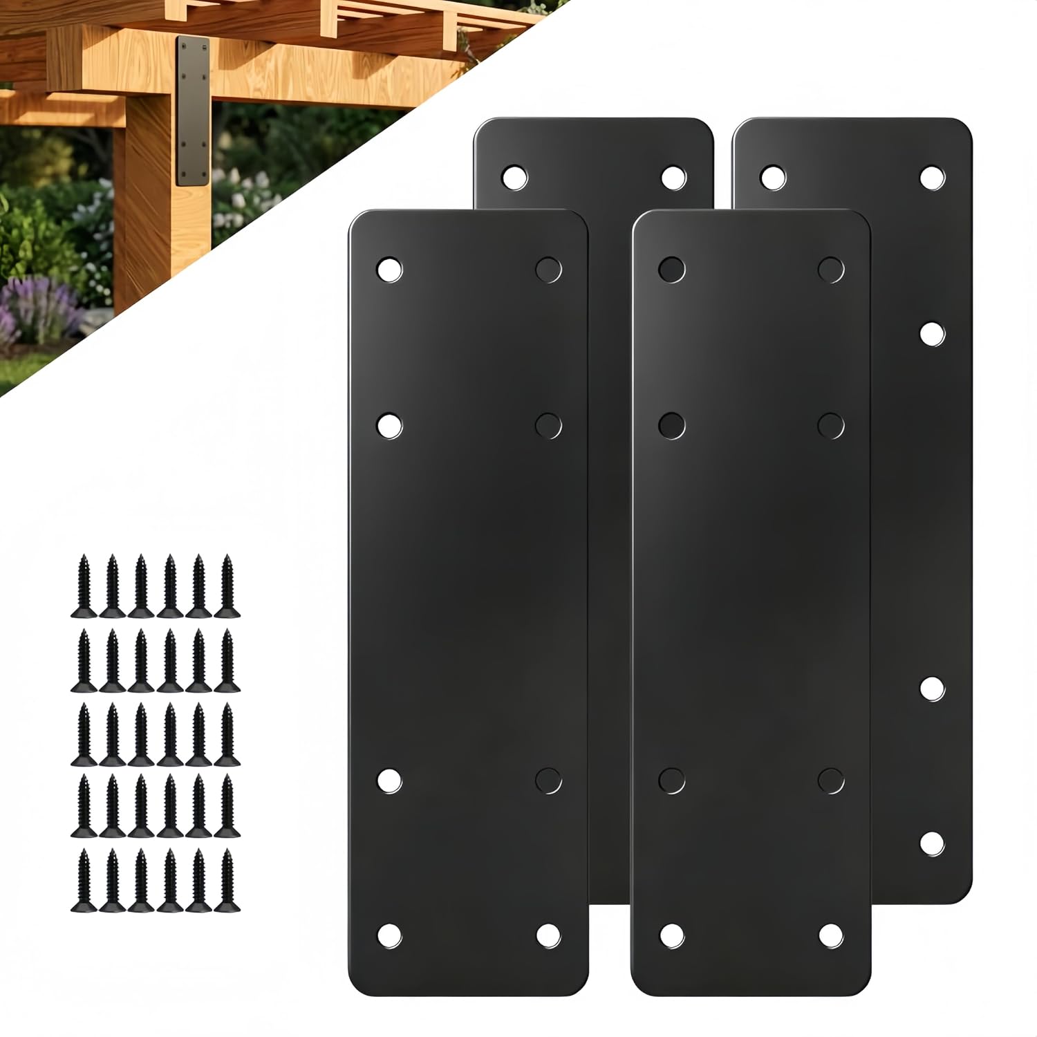 I Post Brackets 4PCS,10x3 Heavy Duty I Brackets,Flat Mending Plate for 4x4/6x6 Wood Lumber,Black I-Shaped Pergola Brackets,House Gazebo Repair Brackets,Truss to Beam Connector