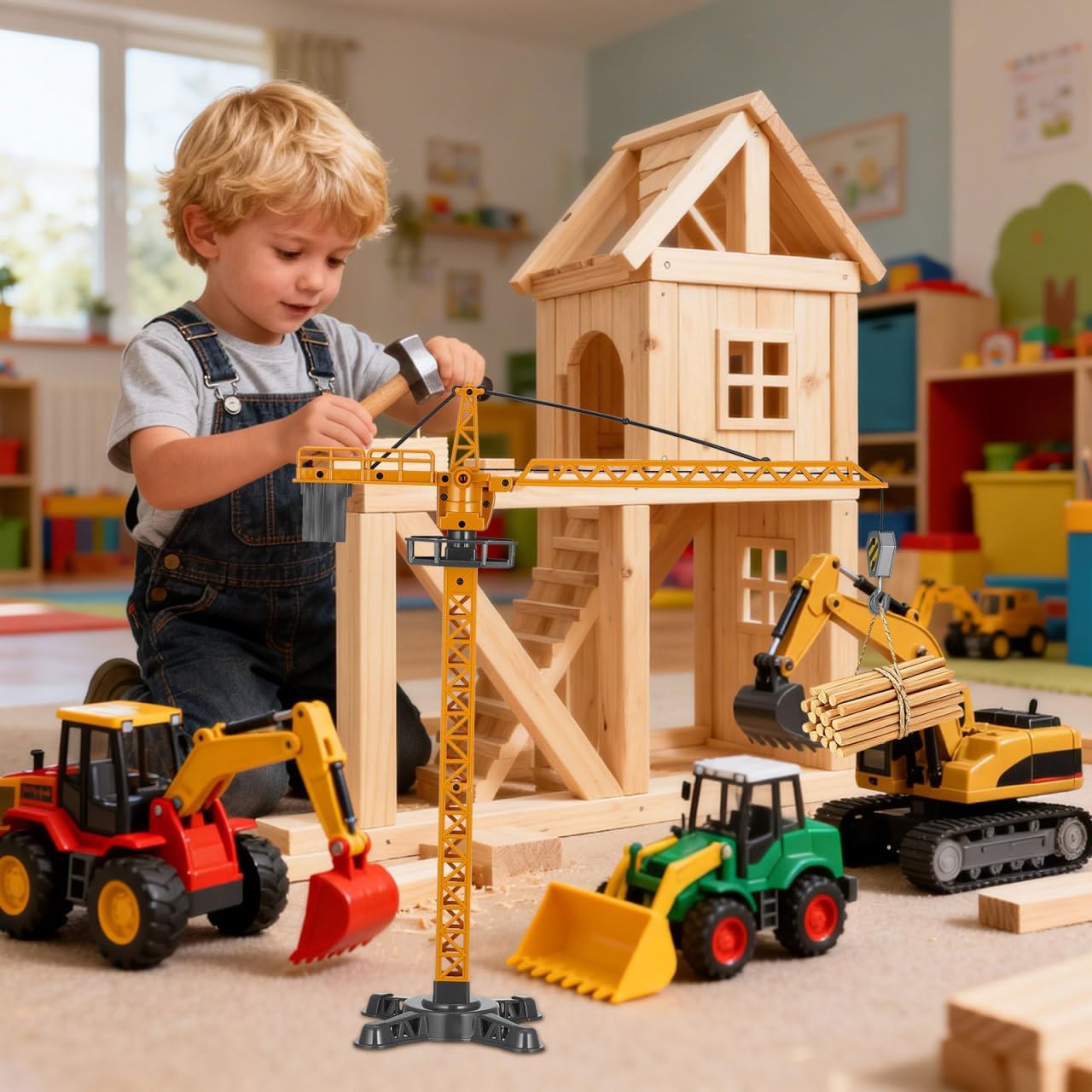 jojofuny Diecast Tower Crane Toy Manual Lifting Construction Vehicle | Crane Toy with Manual Lifting Mechanism, No Battery Needed, for Boys Ages 4-7, Construction Play and Engineering Learning