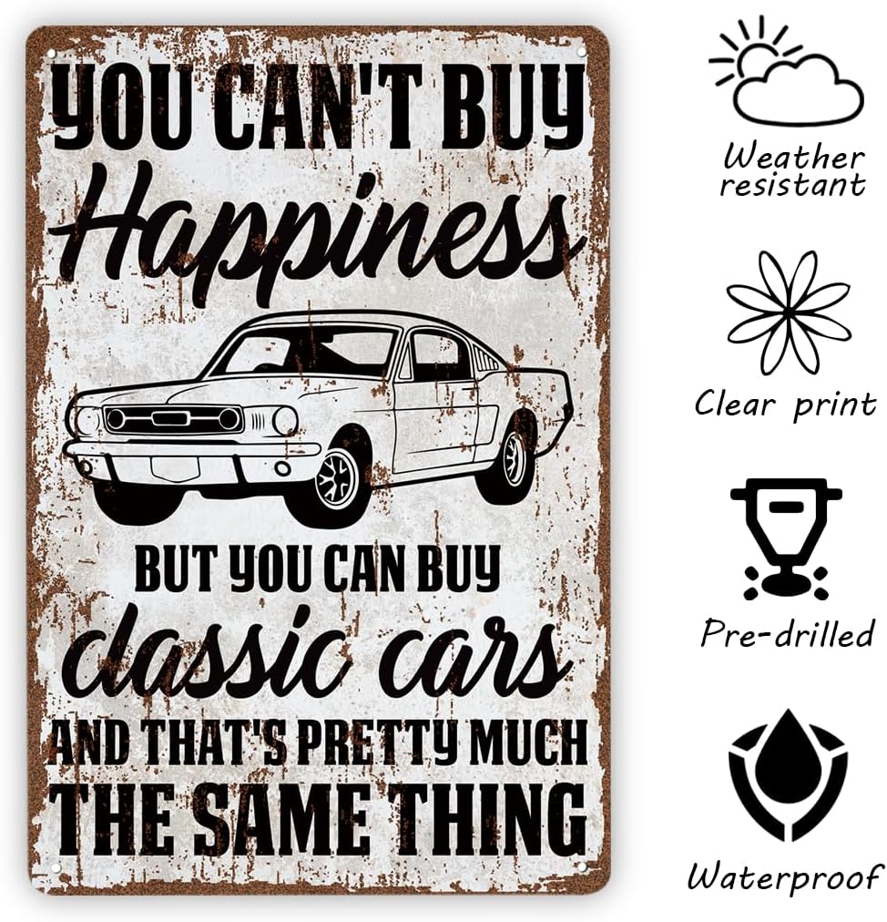 Funny Vintage Metal Tin Signs, You Can't Buy Happiness But You Can Buy a Classic Cars Garage Metal Tin Signs, Garage Man Cave Home Bar Decor, Barn Decor for Men, Wall Decorate gifts for man - Image 3