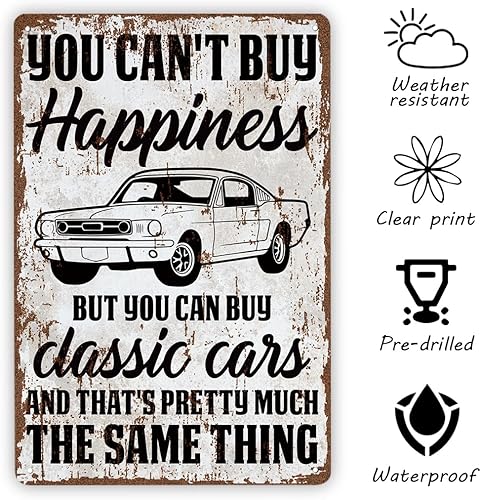 Miniatura 3 de Divertidos letreros de metal vintage con texto en inglés You Can't Buy Happiness But You Can Buy a Classic Cars Garage, letreros de metal para