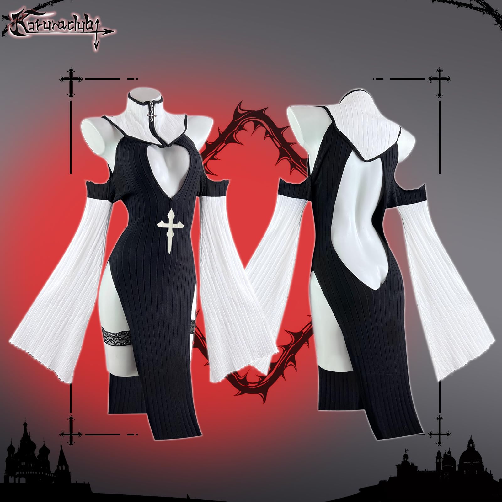 KORURACLUB Costume Sexy da Suora Anime (Set da 3 Pezzi) per Cosplay e Suora Sexy (Nero, XS-M)