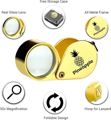Miniatura 2 de Pineapple 30X Jewelers - Lupa plegable de bolsillo para joyeros, gemas, diamantes, plantas, monedas (dorado)