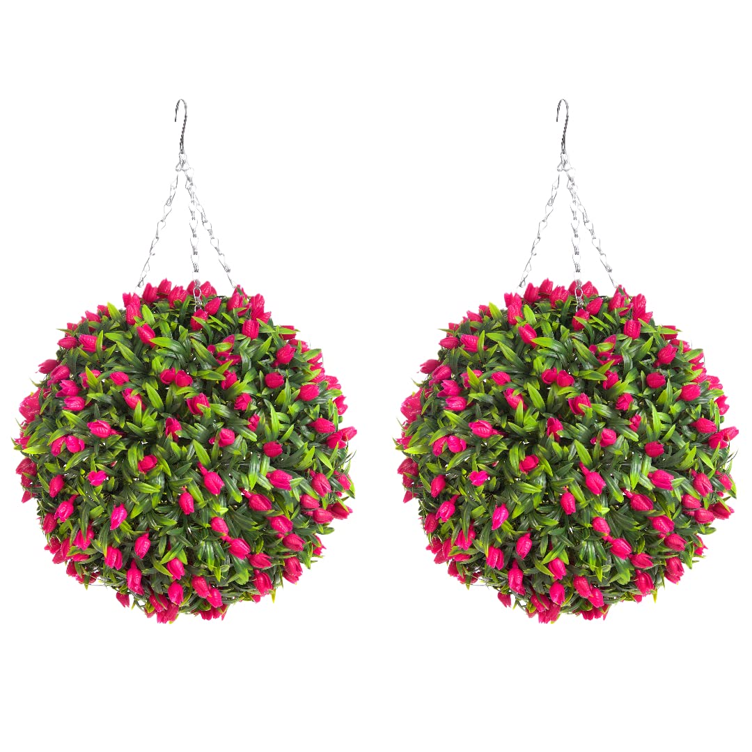 Best Artificial Pink Pair Of Tulip Flower Balls Lush Long Leaf Topiary Grass (38Cm, )