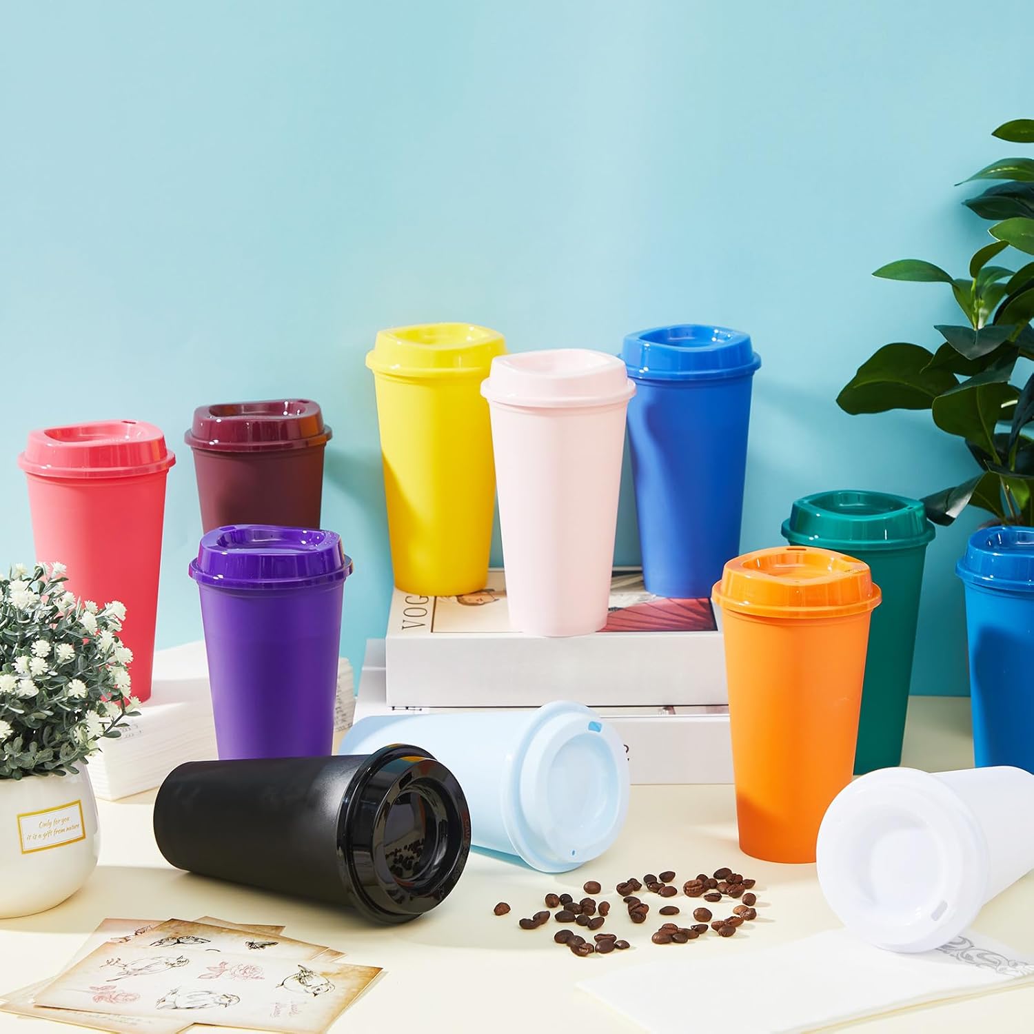12 Pcs Reusable Coffee Cups with Lids 16 oz Travel Hot Cups Microwavable Plastic Tumblers Coffee Mugs Valentines Party Gifts Adult for Hot and Cold Drinks Favors (Bright Colors) - Image 4