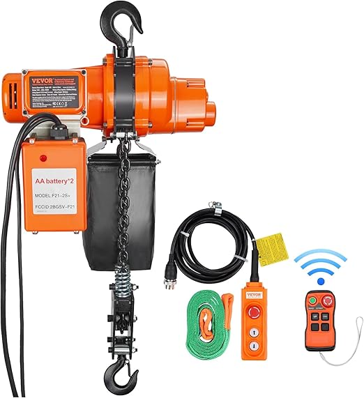 VEVOR Electric Chain Hoist, 2200 lbs Load, 20 ft Lifting Height, 120V, Single Phase Overhead Crane with Chain, 328 ft Wireless & 15 ft Wired Remote Control for Garage, Shop, and Home