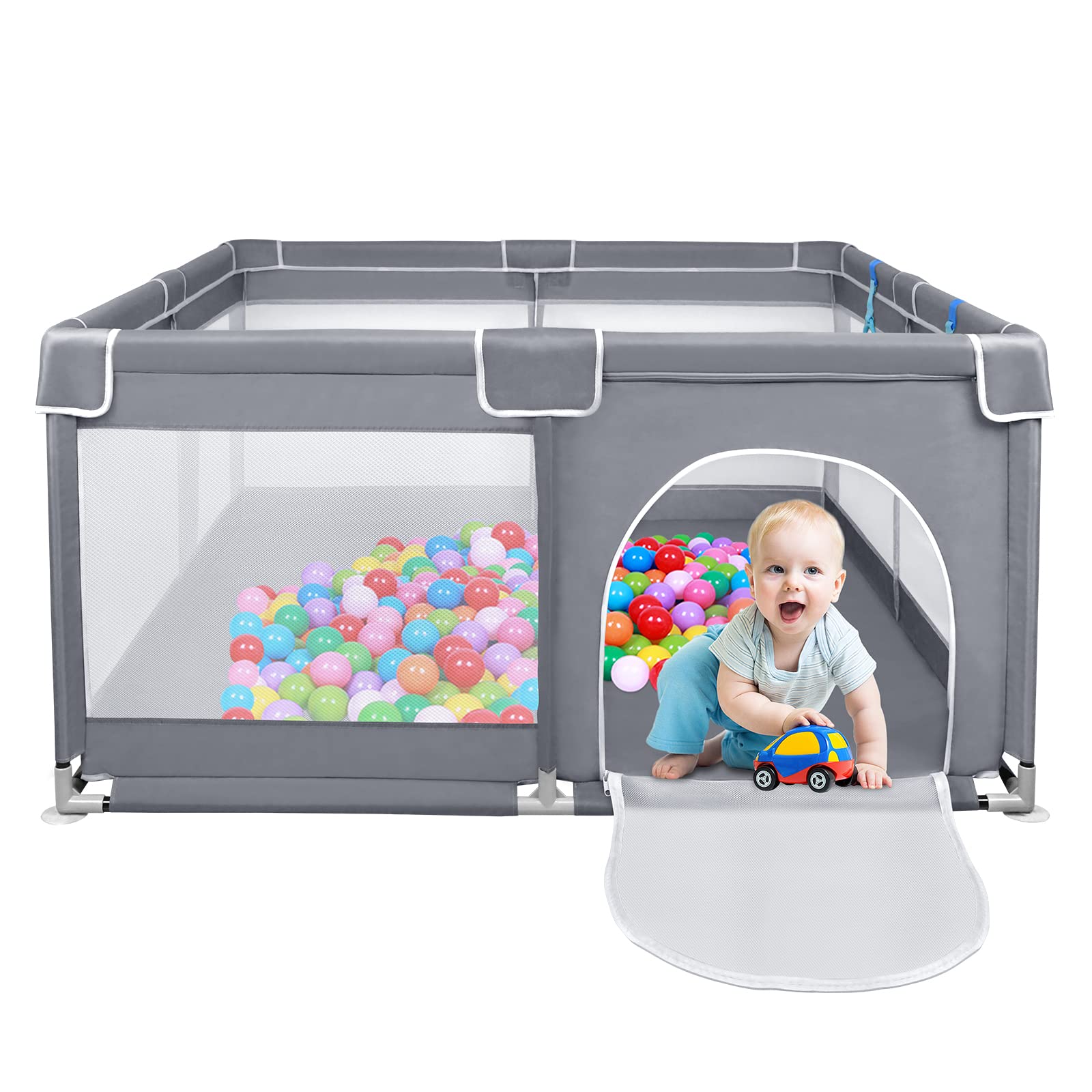Aufun Parque para bebés, Barrera de seguridad con malla transpirable y cremallera, Fondo antideslizante, Portátil Centro de Actividades para Niños Interior y Exterior, Gris (127 x 127 cm)