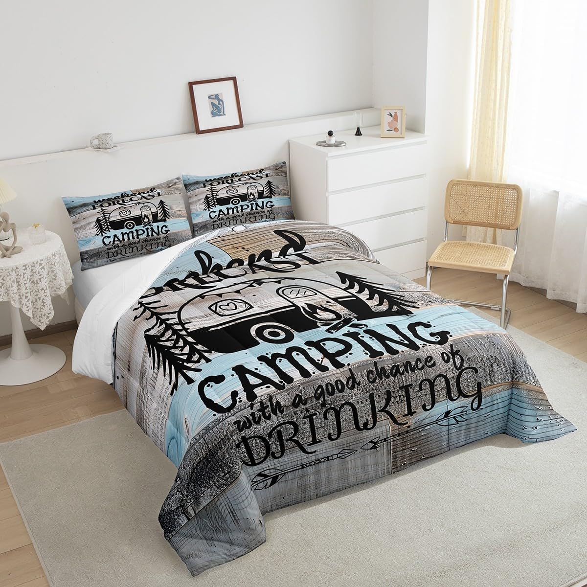 Erosebridal Rv Camper Decor Comforter Set, Happy Camping Bedding Set for Kids Teens Adult, Rustic Farmhouse Quilt Cabin Decor Queen Size, Vintage Wooden Planks Bedding Comforters with 2 Pillow Cases