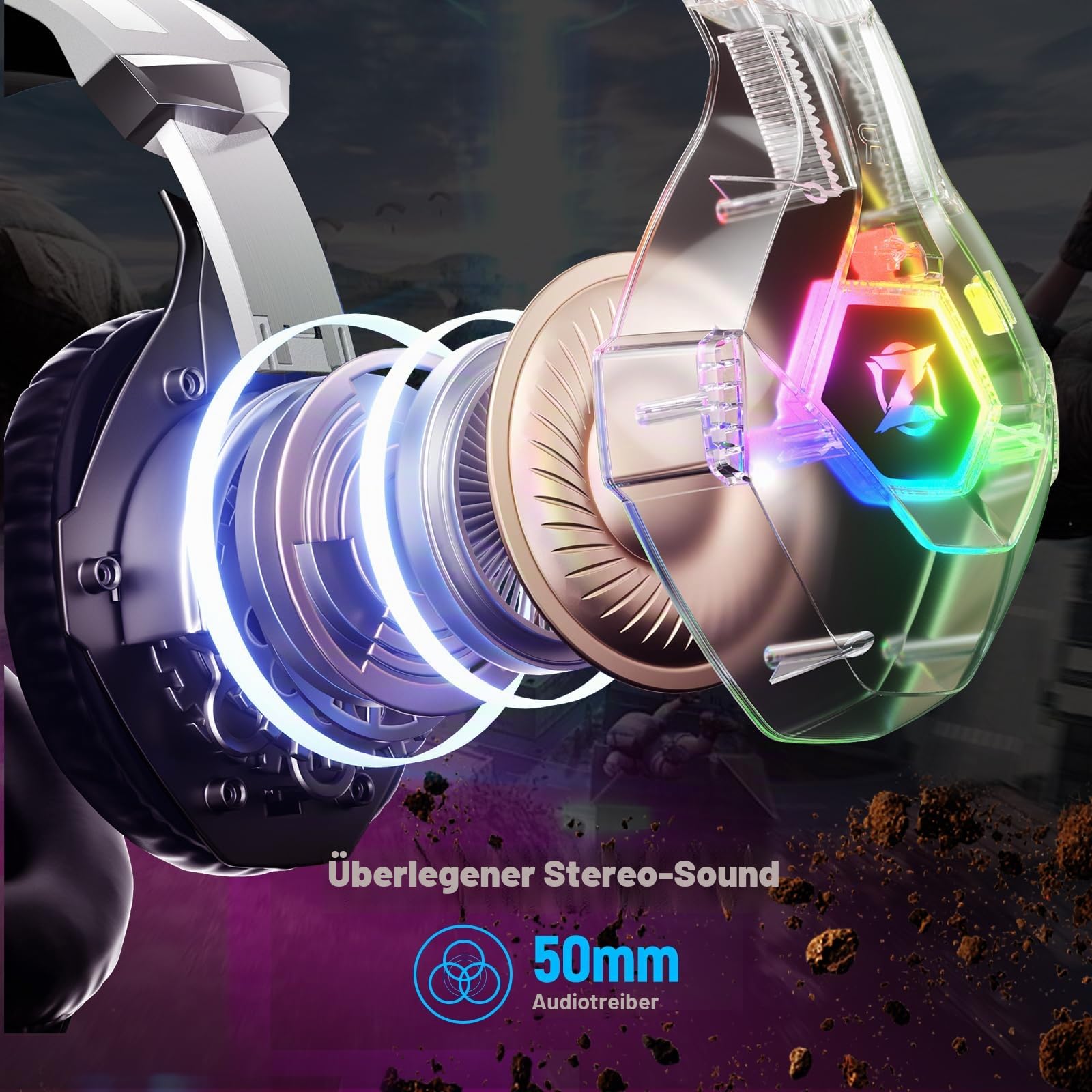 Ozeino Gaming-Headset für PS5, PC, PS4, RGB in 7 Farben, 50-mm-Treiber, Stereo, Bass, Mikrofon mit Geräuschunterdrückung, verstellbar, kompatibel mit Switch, Xbox Series X und S, Weiß