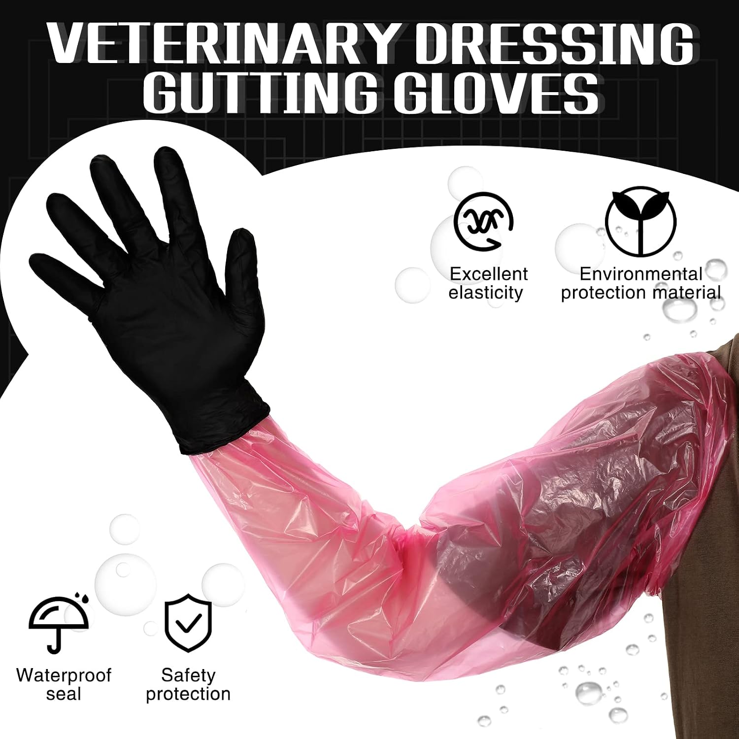 60 Pcs Field Dressing Gloves Disposable Cleaning Hunting Field Processing Gloves Shoulder Length Black Dressing with Long and Short Gut Mitten Combo Pack