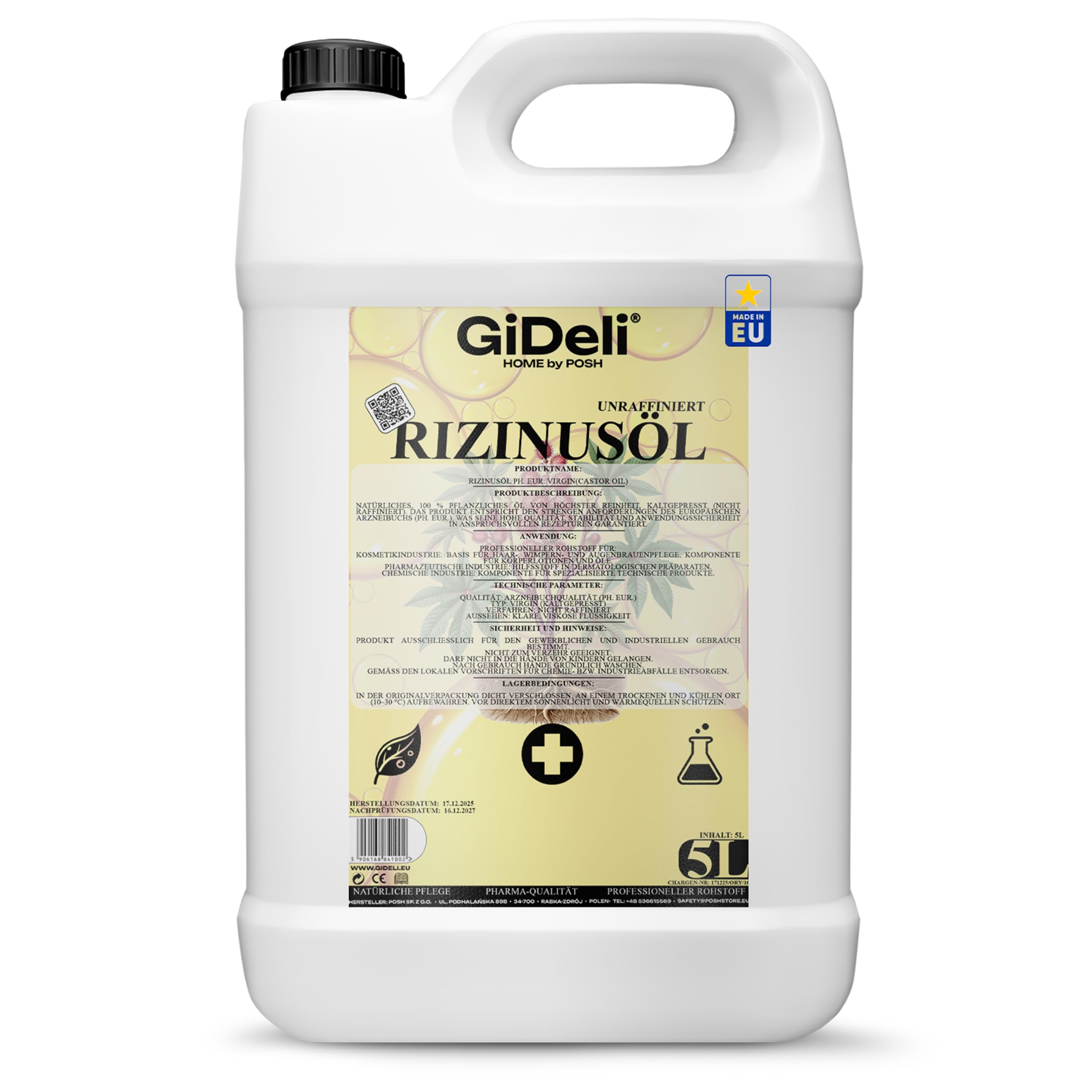 GiDeli Olio di ricino spremuto a freddo, 5 l, puro olio di ricino in pH Eur. Qualità per capelli, ciglia e pelle, olio per la cura non raffinato come base per cosmetici naturali fai da te, senza esano