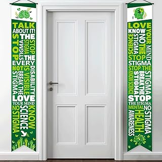 2Pcs Mental Health Awareness Door Banners Porch Signs 71x21In Motivational Green Ribbon Door Banner Indoor Outdoor Mental Health Month Hanging Decor for Therapist Classroom School Office Supplies