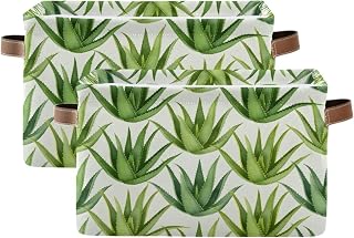 Maunzc Aloe Vera Pattern Storage Bins Collapsible Storage Basket with Metal Frame, Fabric Shelves Bins Closet Baskets with Handles, 2-Pack