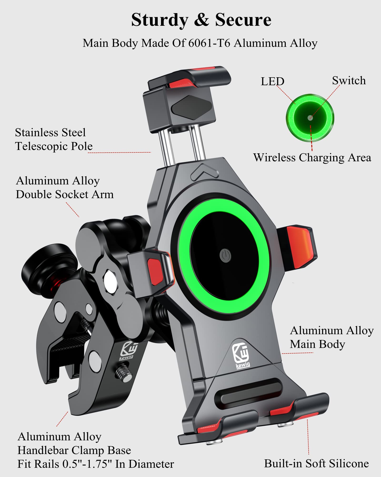 Holder Moto Qi Wireless Charging Aluminium Alloy Vibration Damper - Dettaglio