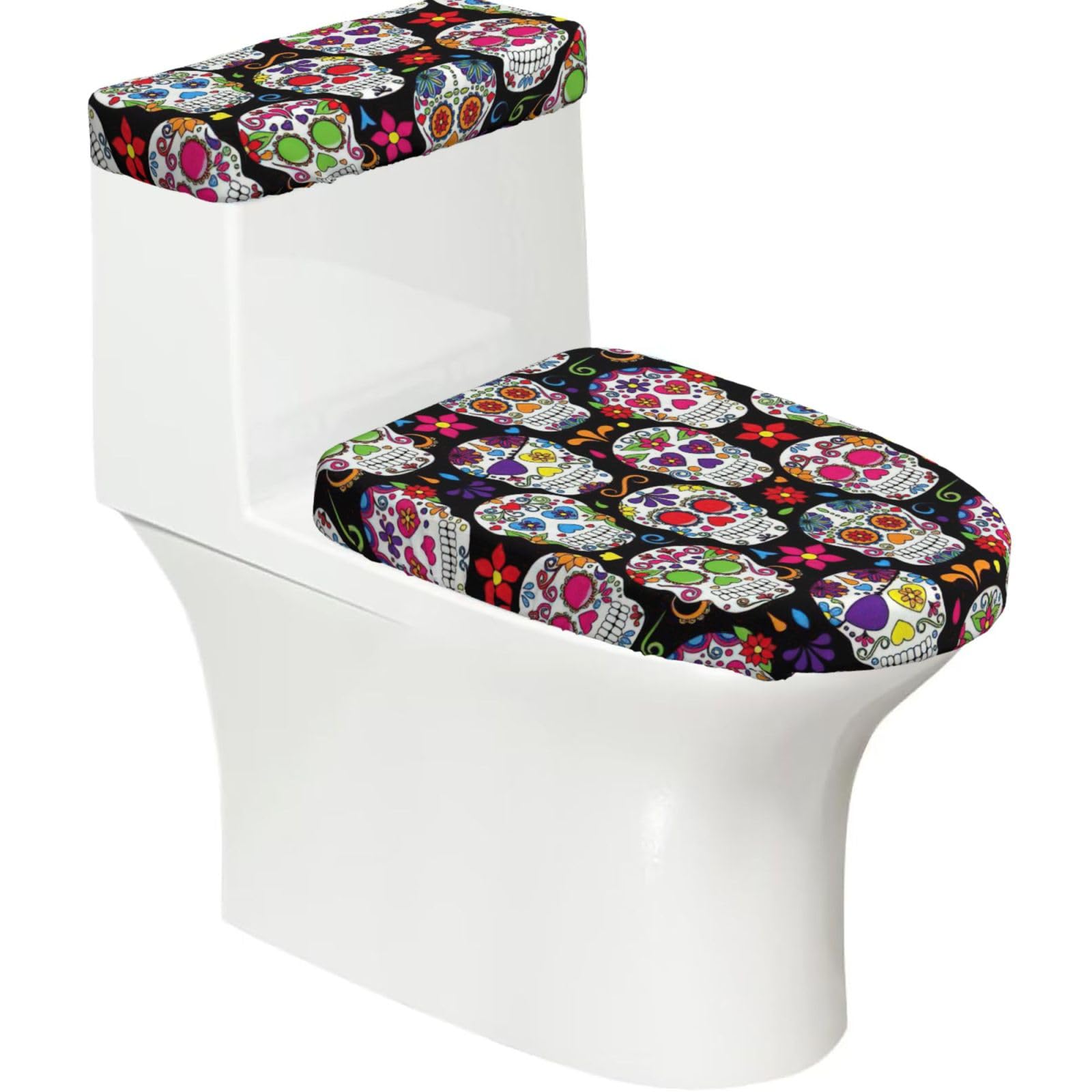 Sugar Skulls Printed Toilet Tank and Lid Cover Set of 2 for Most Bathrooms, Fits Elongated Round Toilets